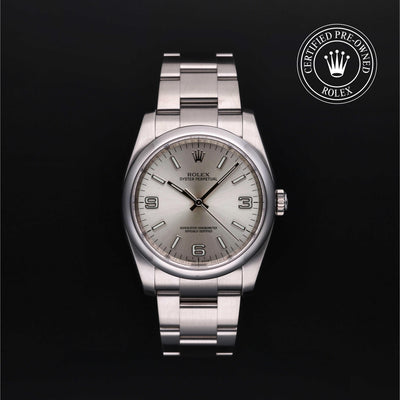 Rolex Certified Pre-owned Oyster Perpetual M116000-0001 front on black background