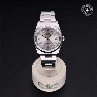 Rolex Certified Pre-owned Oyster Perpetual M116000-0001 front on black background