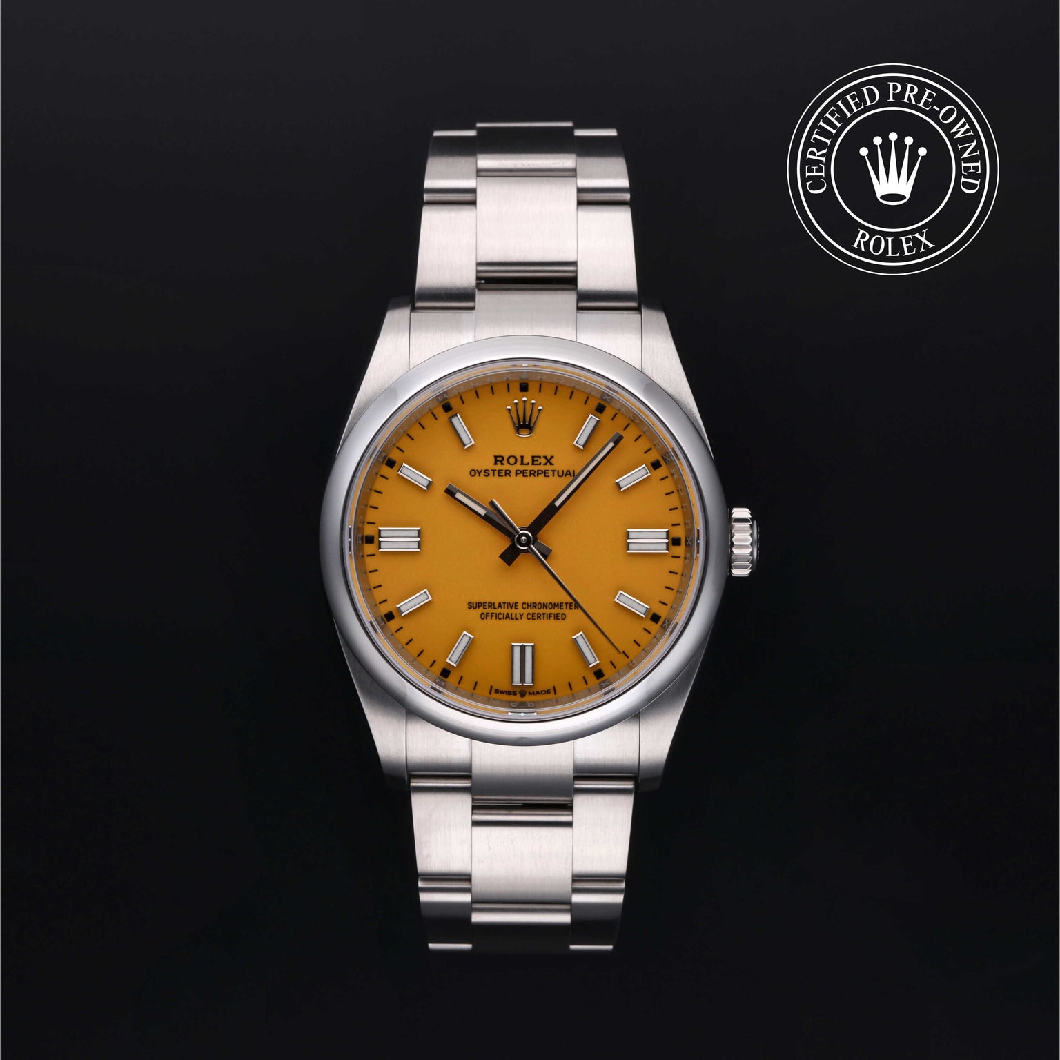 Rolex Certified Pre-owned Oyster Perpetual M126000-0004 front on black background