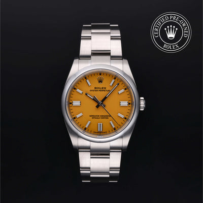 Rolex Certified Pre-owned Oyster Perpetual M126000-0004 front on black background