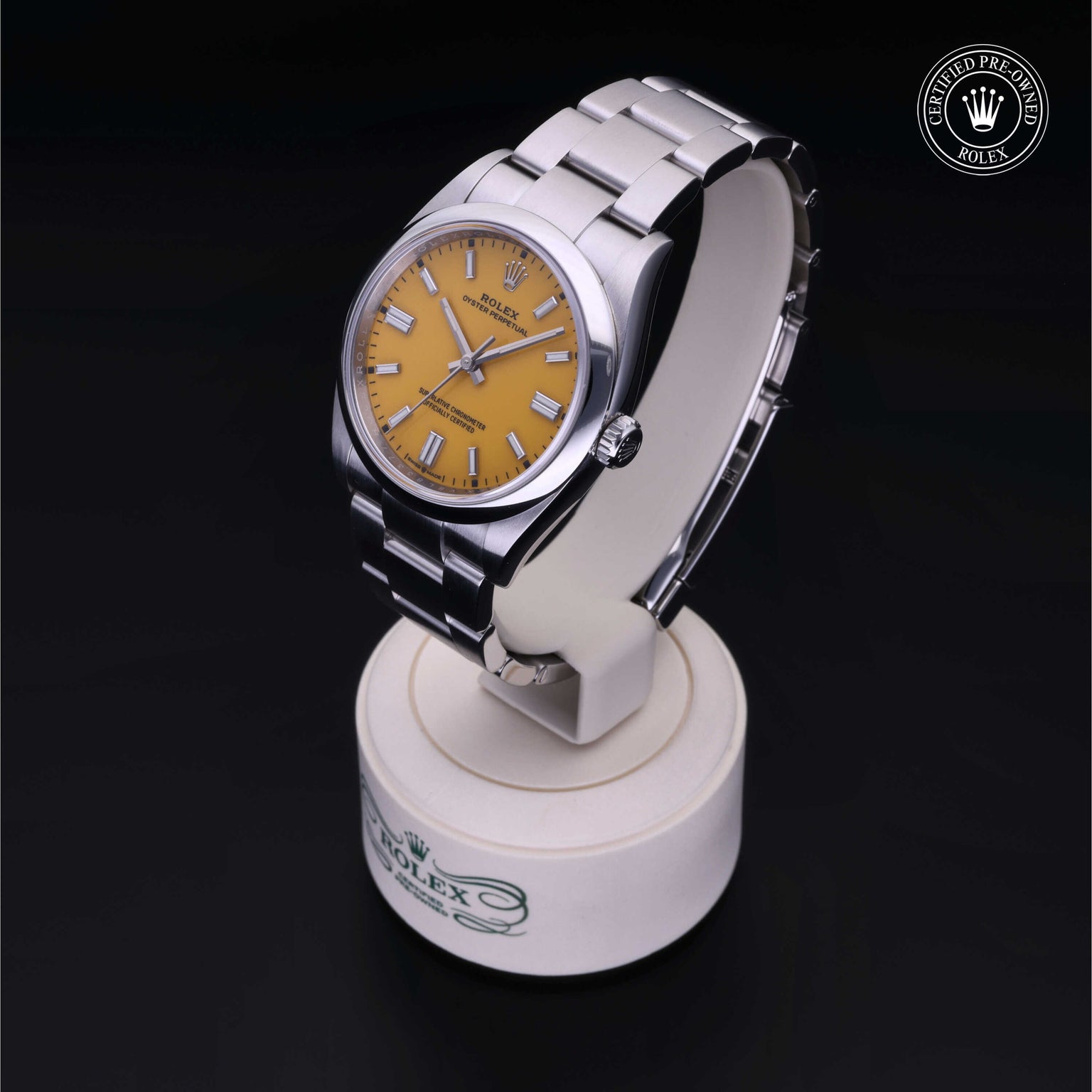 Rolex Certified Pre-owned Oyster Perpetual M126000-0004 front on black background
