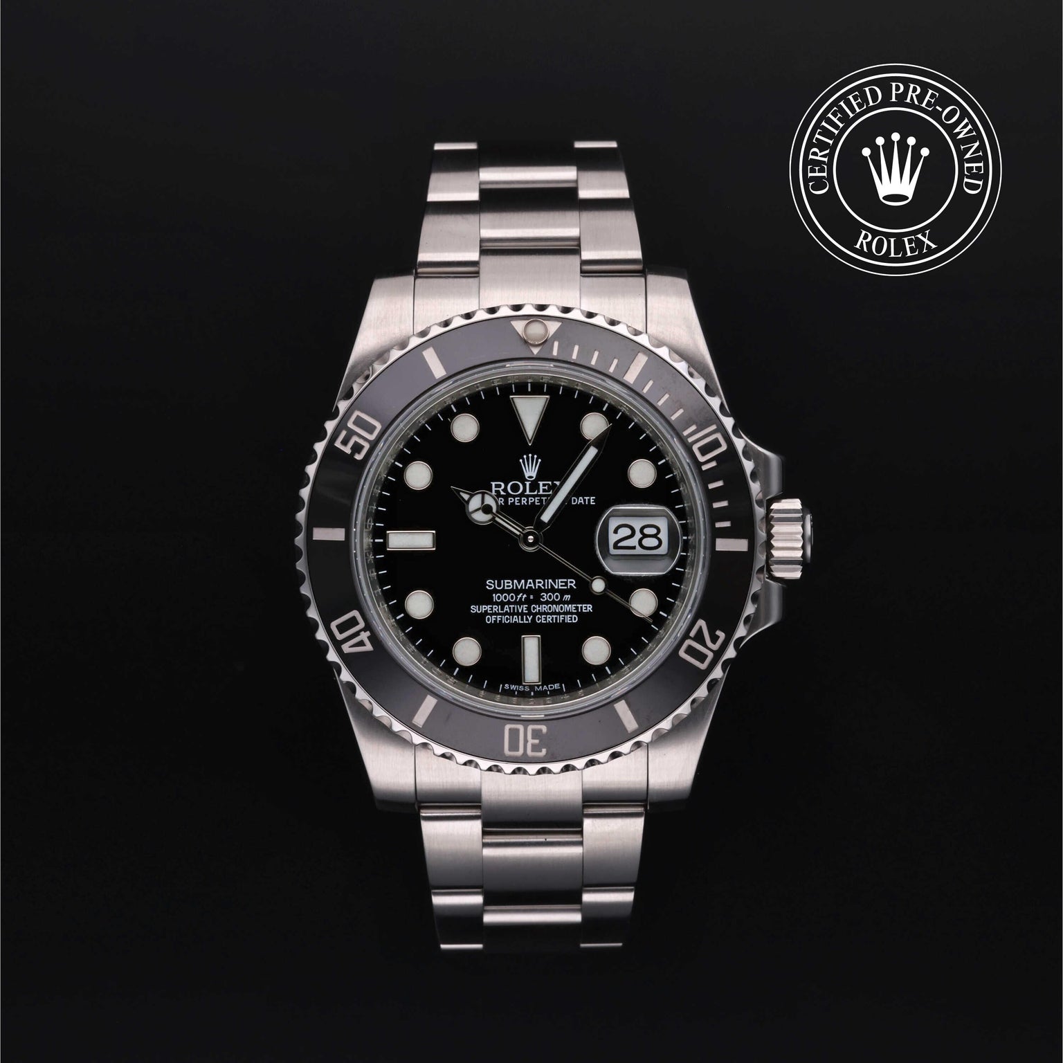 Rolex Certified Pre-owned Submariner M116610LN-0001 front on black background