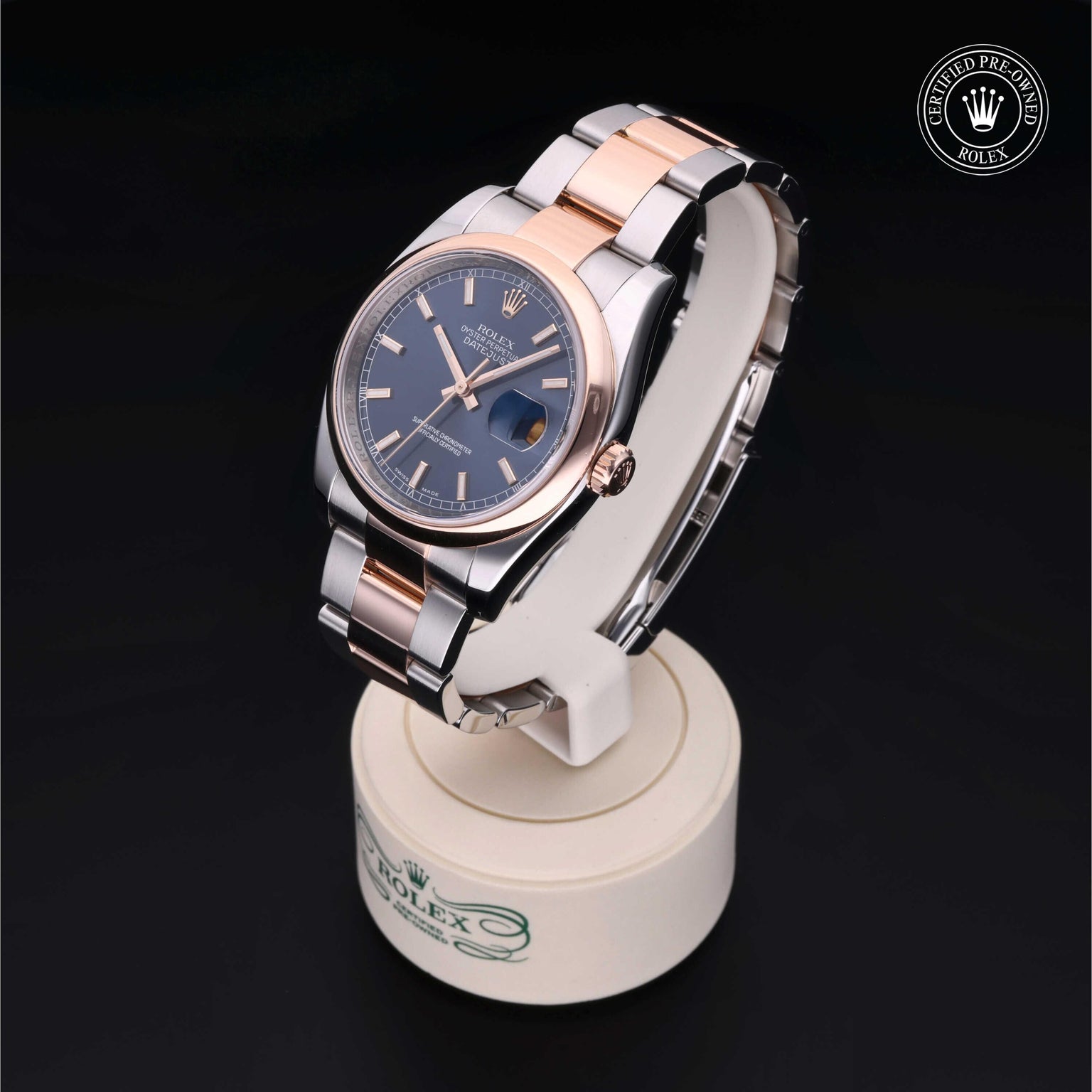 Rolex Certified Pre-owned Datejust M116201-0089 front on black background