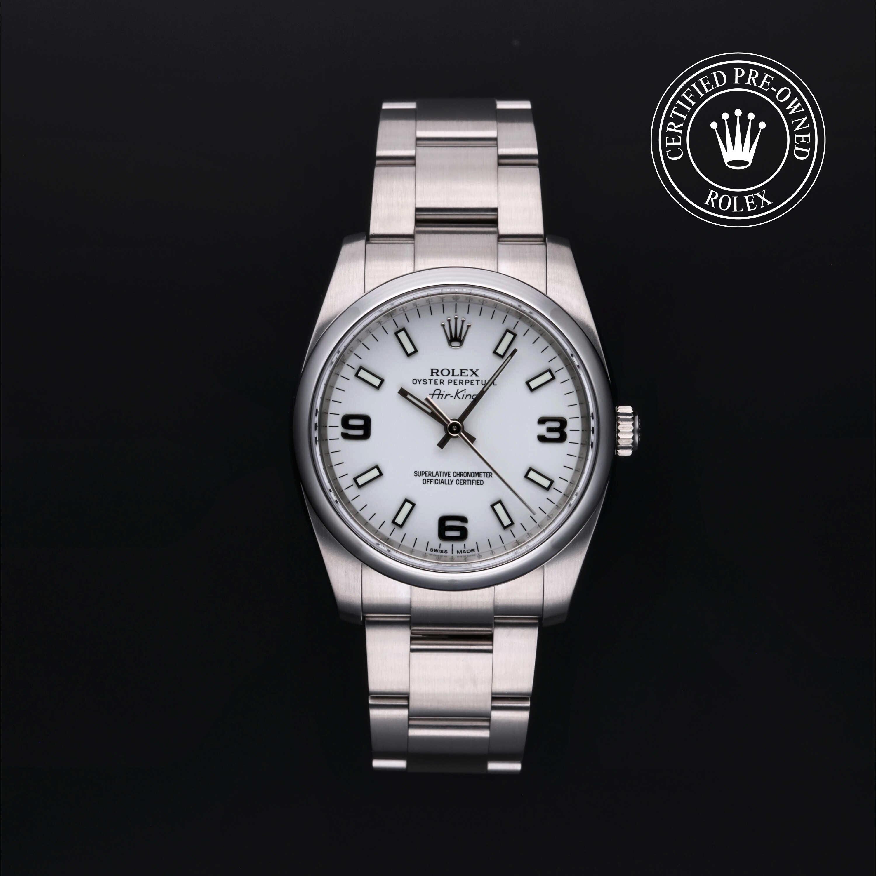 Rolex Certified Pre-owned Air-King M114200-0003 front on black background