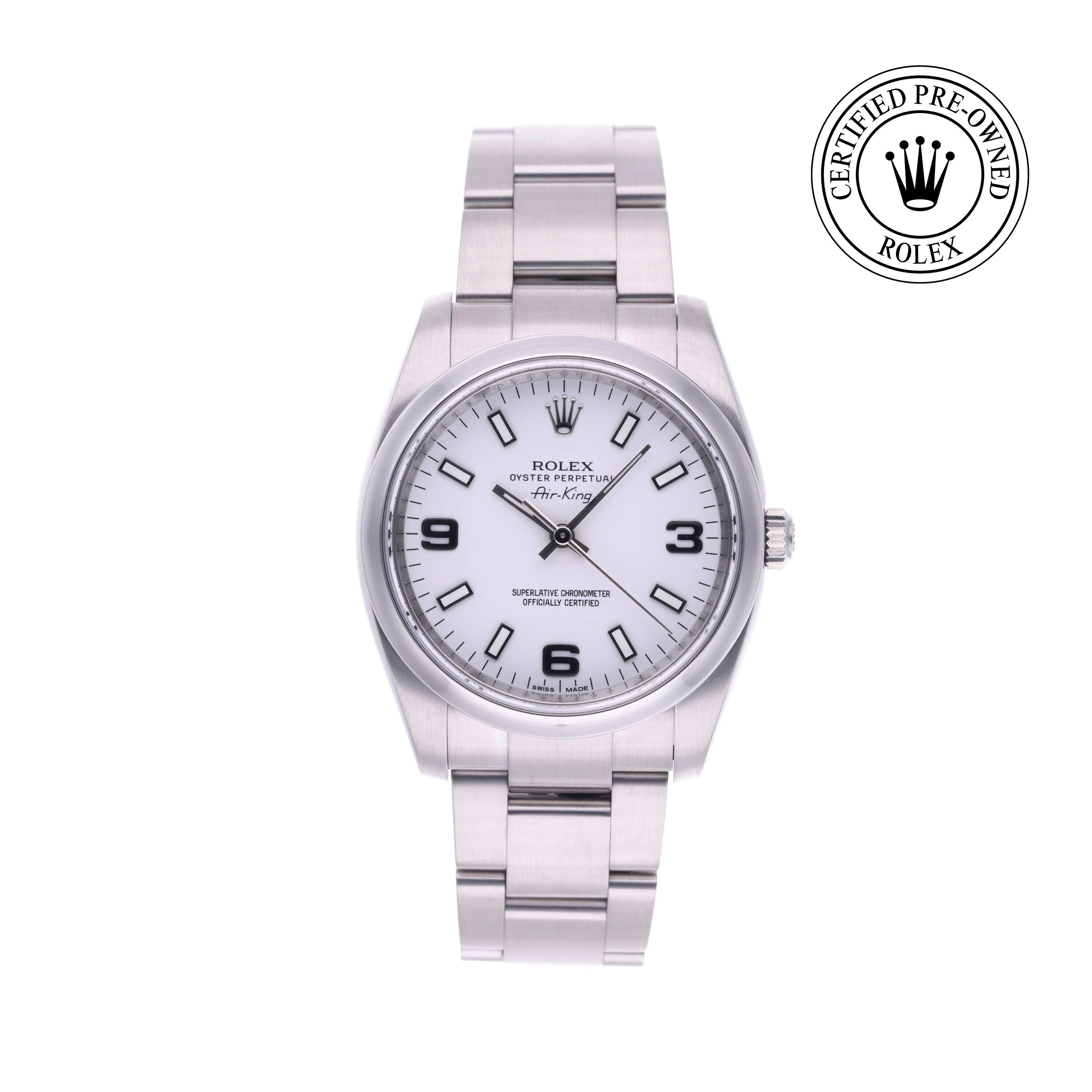 Rolex Certified Pre-owned Air-King M114200-0003 front on white background