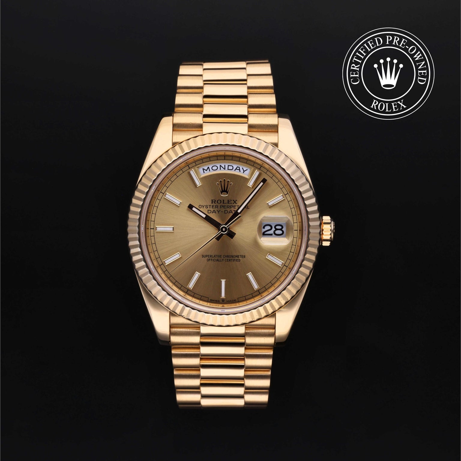 Rolex Certified Pre-owned Day-date M228238-0003 front on black background