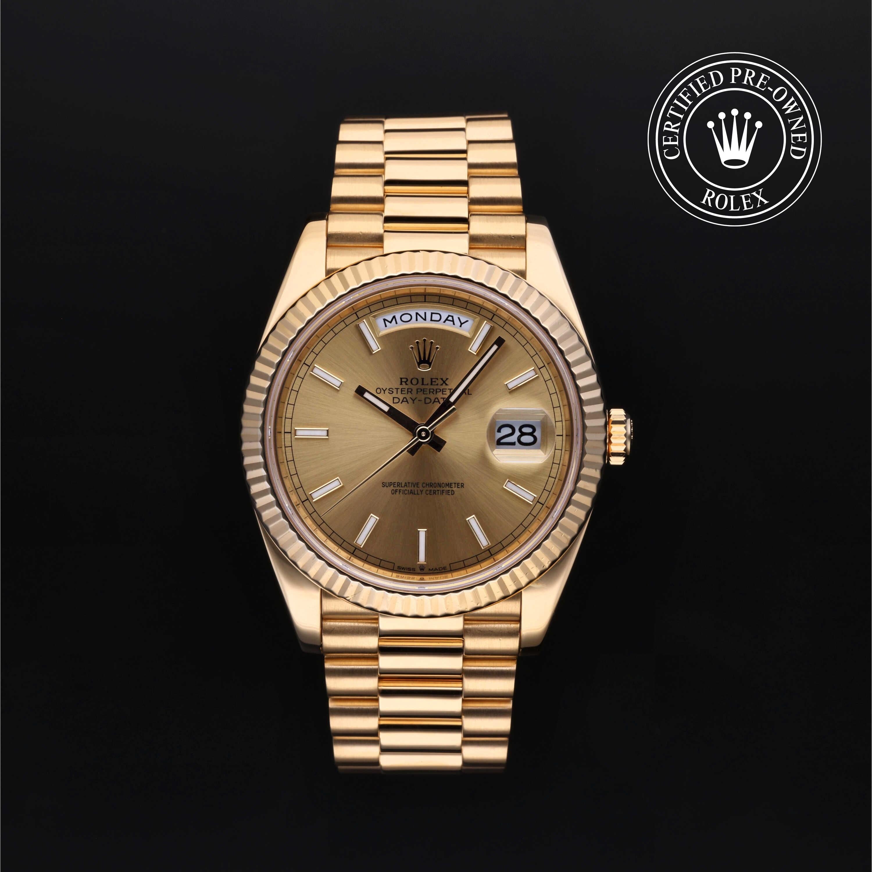 Rolex Certified Pre-owned Day-date M228238-0003 front on black background