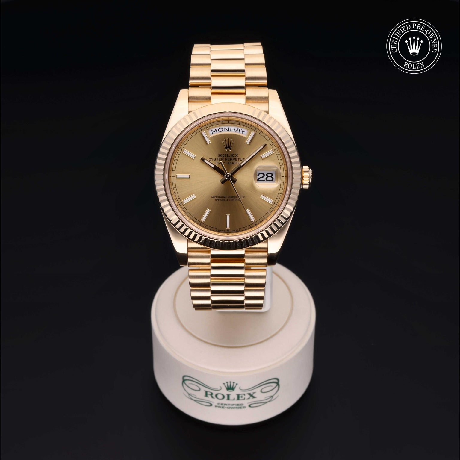 Rolex Certified Pre-owned Day-date M228238-0003 front on black background