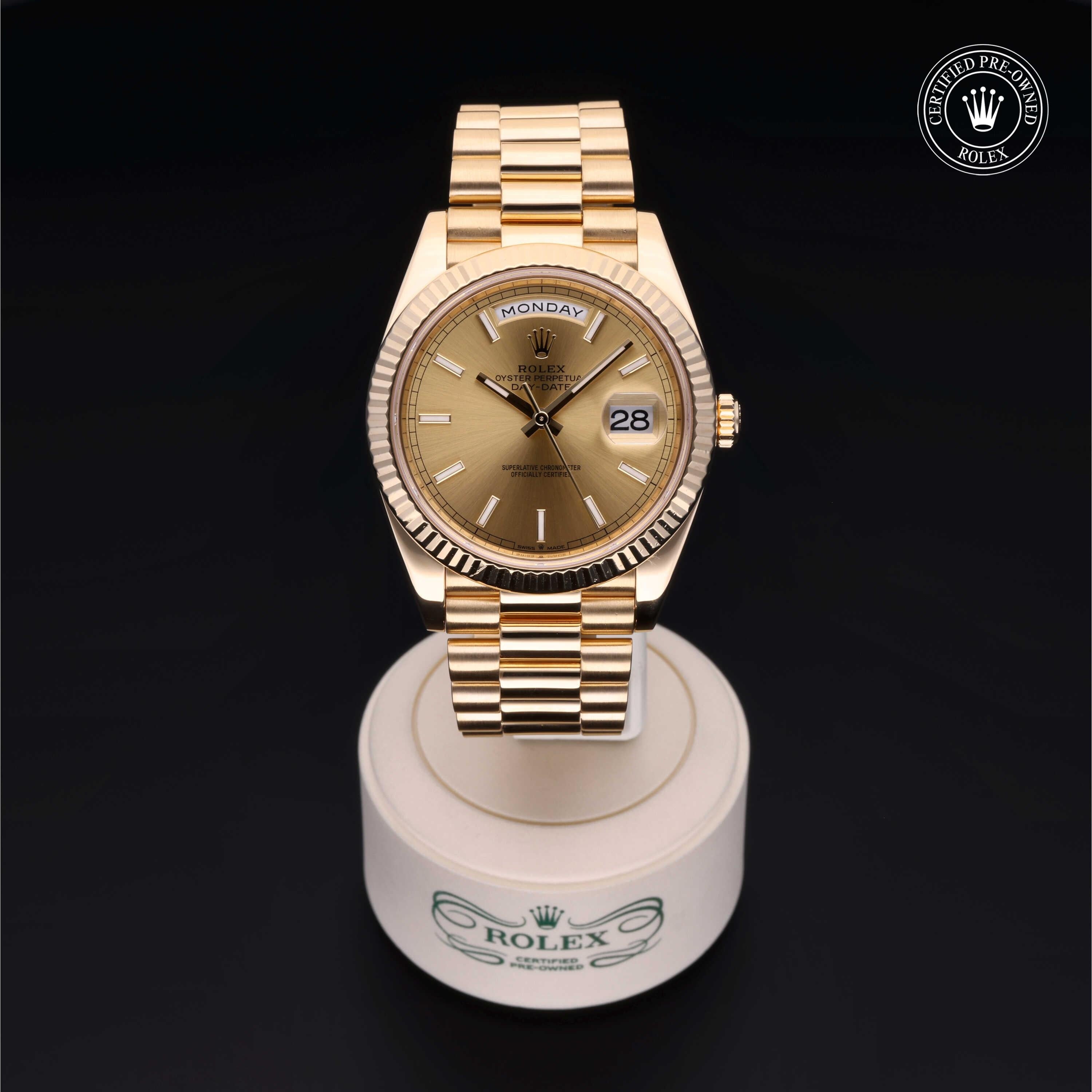 Rolex Certified Pre-owned Day-date M228238-0003 front on black background