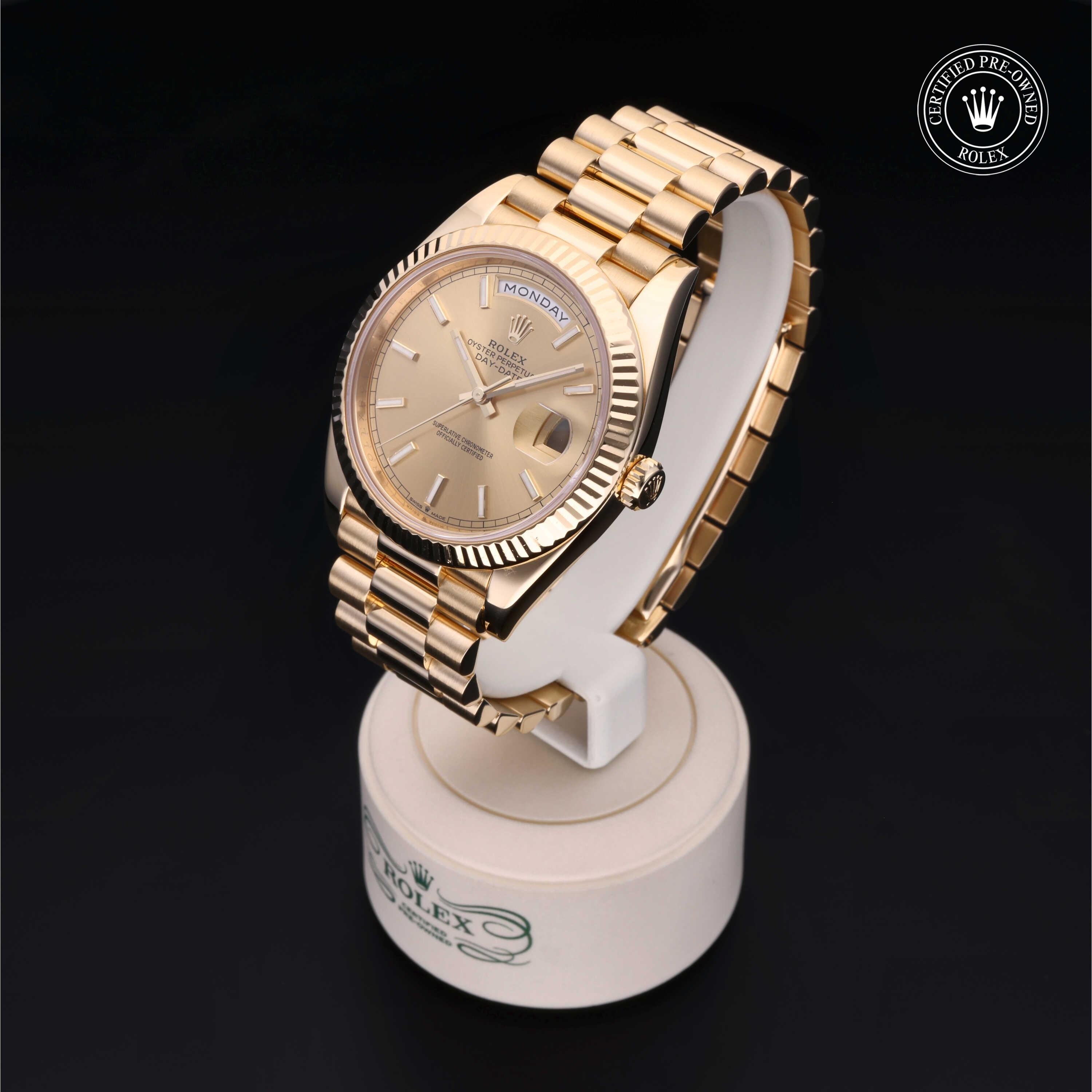 Rolex Certified Pre-owned Day-date M228238-0003 front on black background