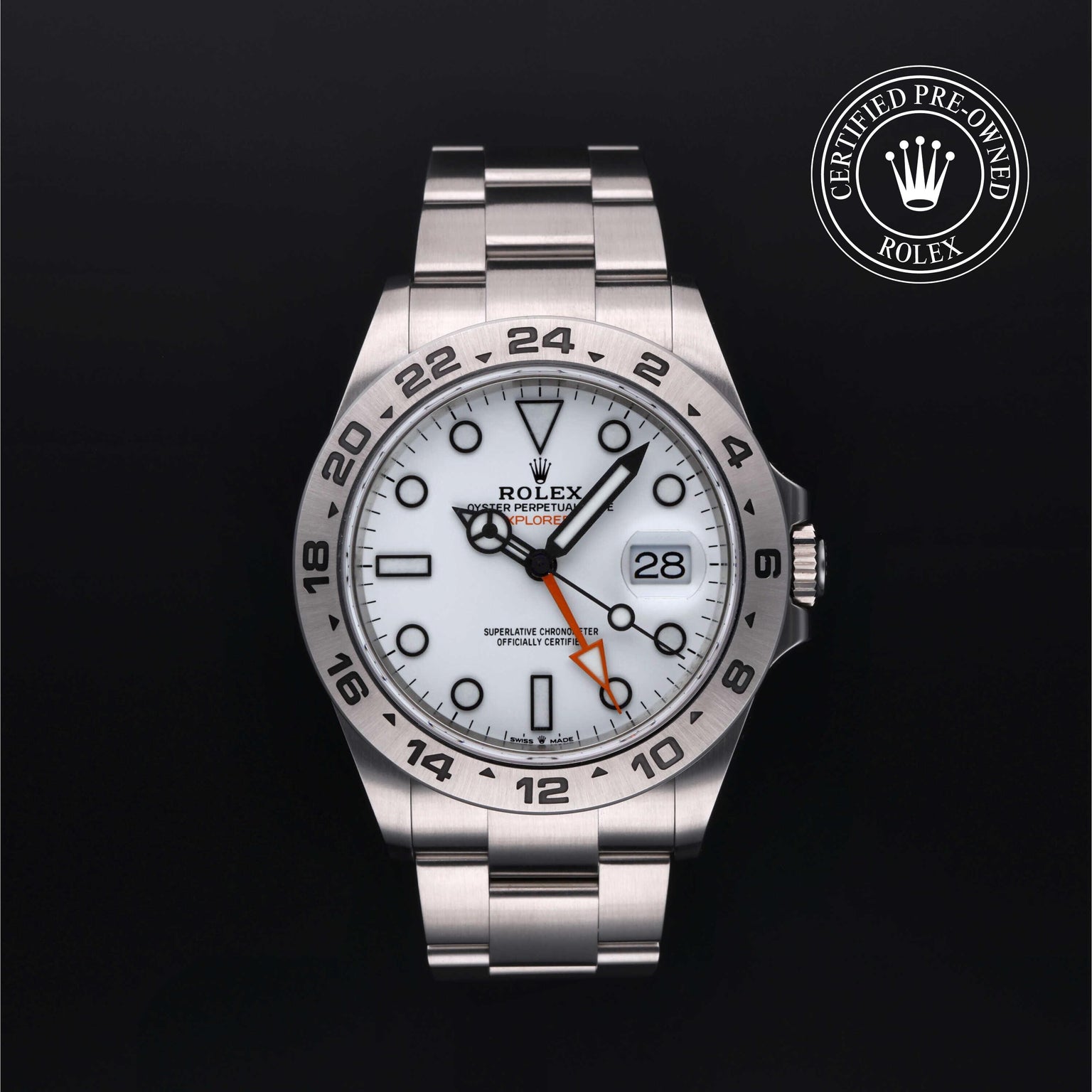 Rolex Certified Pre-owned Explorer M226570-0001 front on black background