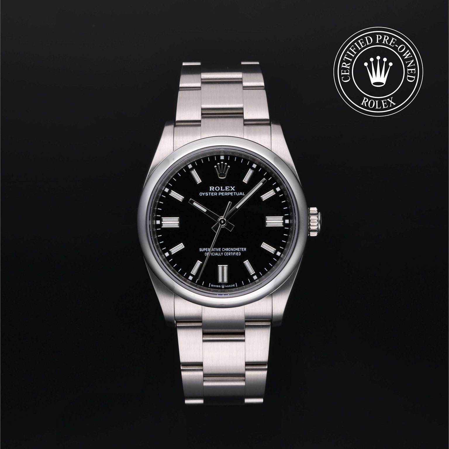 Rolex Certified Pre-owned Oyster Perpetual M126000-0014 front on black background