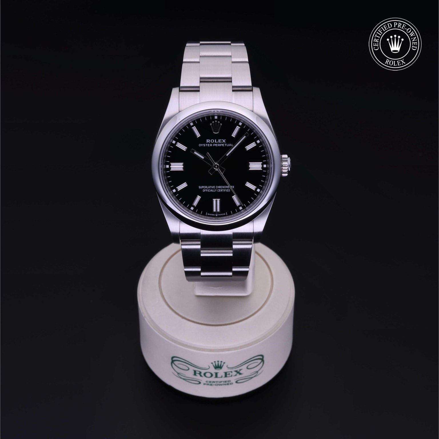 Rolex Certified Pre-owned Oyster Perpetual M126000-0014 front on black background