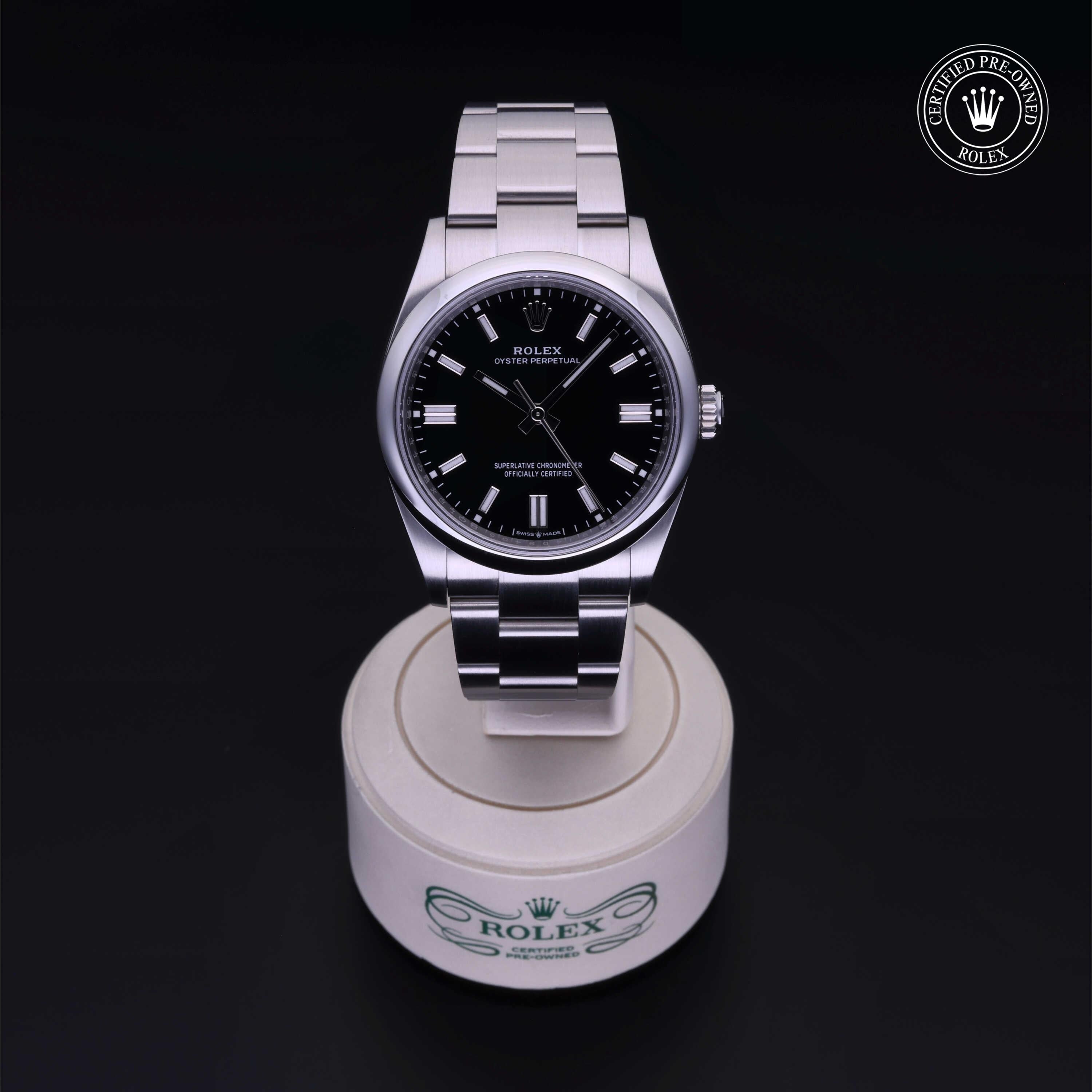 Rolex Certified Pre-owned Oyster Perpetual M126000-0014 front on black background