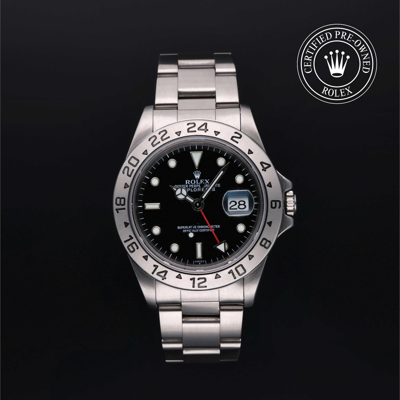 Rolex Certified Pre-owned Explorer M16570-0005 front on black background
