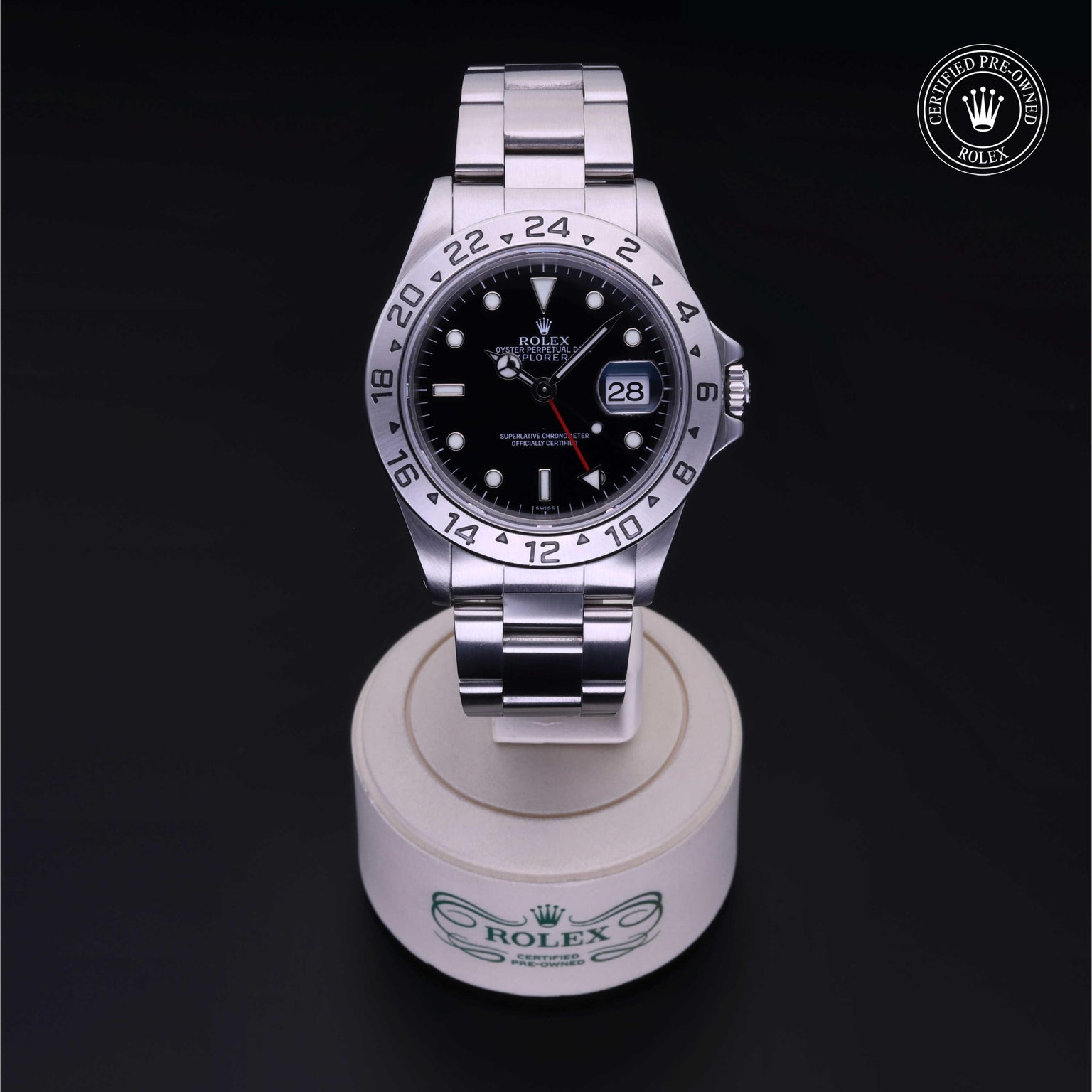 Rolex Certified Pre-owned Explorer M16570-0005 front on black background