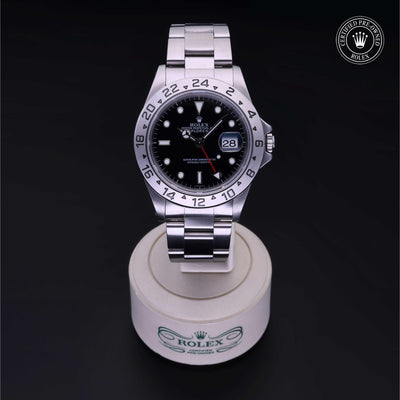 Rolex Certified Pre-owned Explorer M16570-0005 front on black background