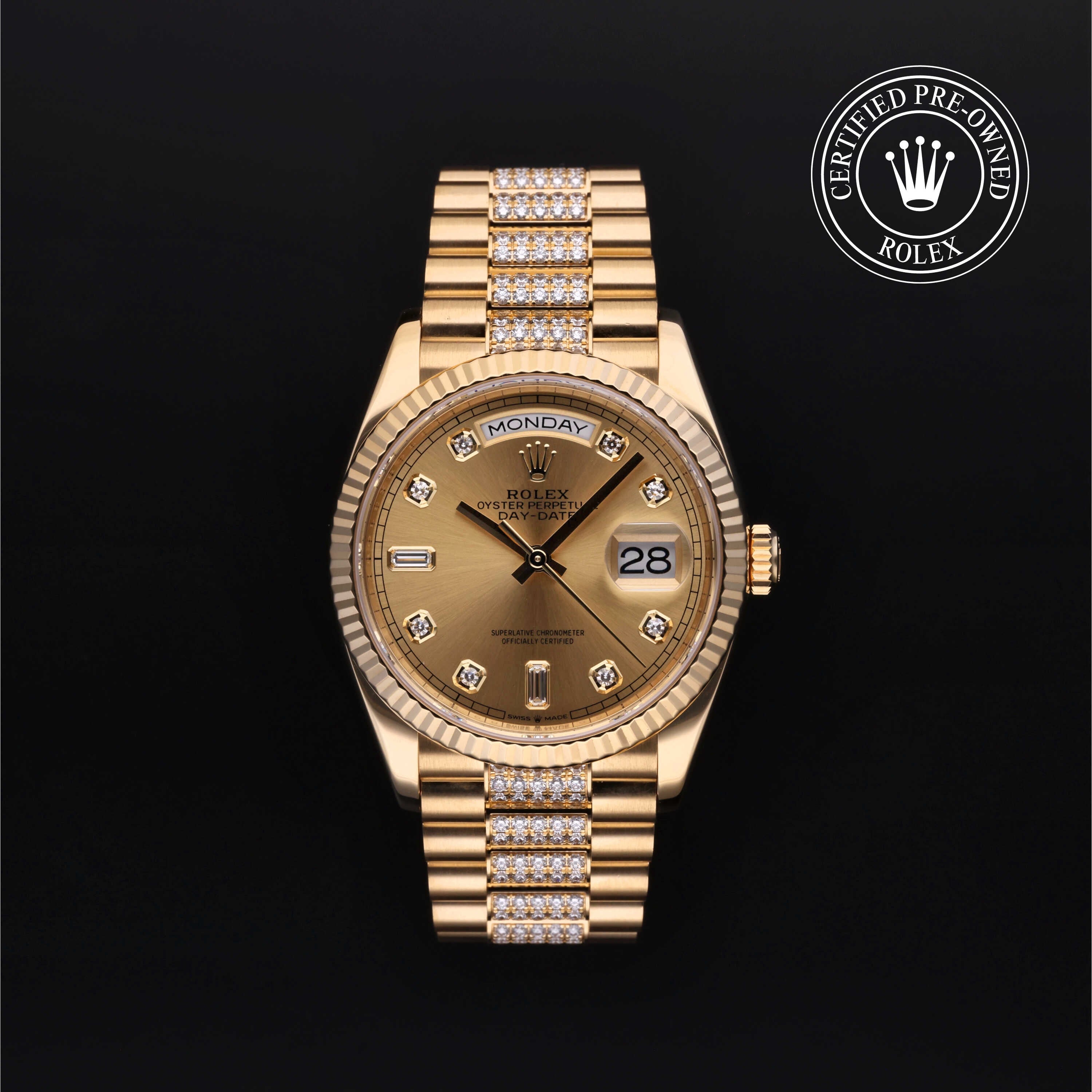 Rolex Certified Pre-owned Day-date M128238-0026 front on black background