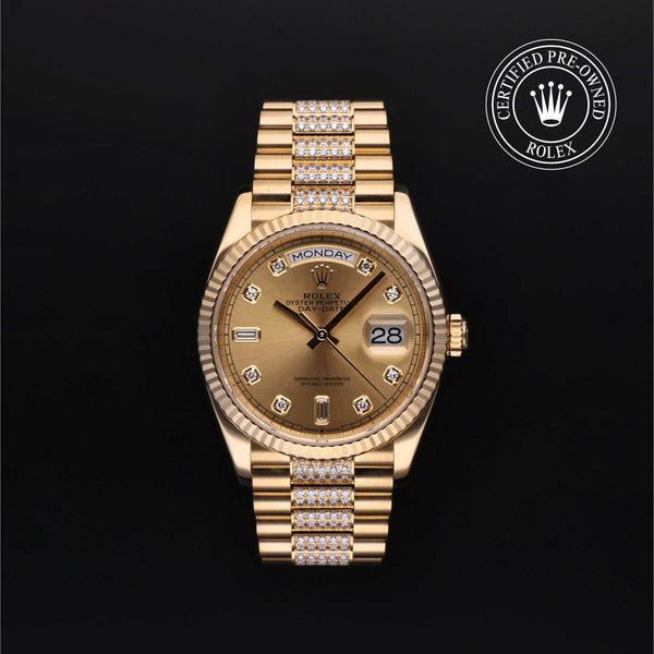 Rolex Certified Pre-owned Day-date M128238-0026 front on black background