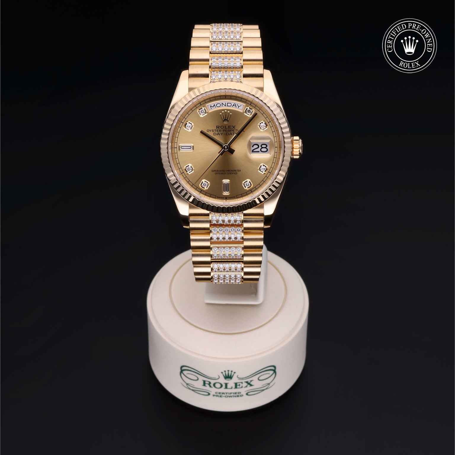 Rolex Certified Pre-owned Day-date M128238-0026 front on black background