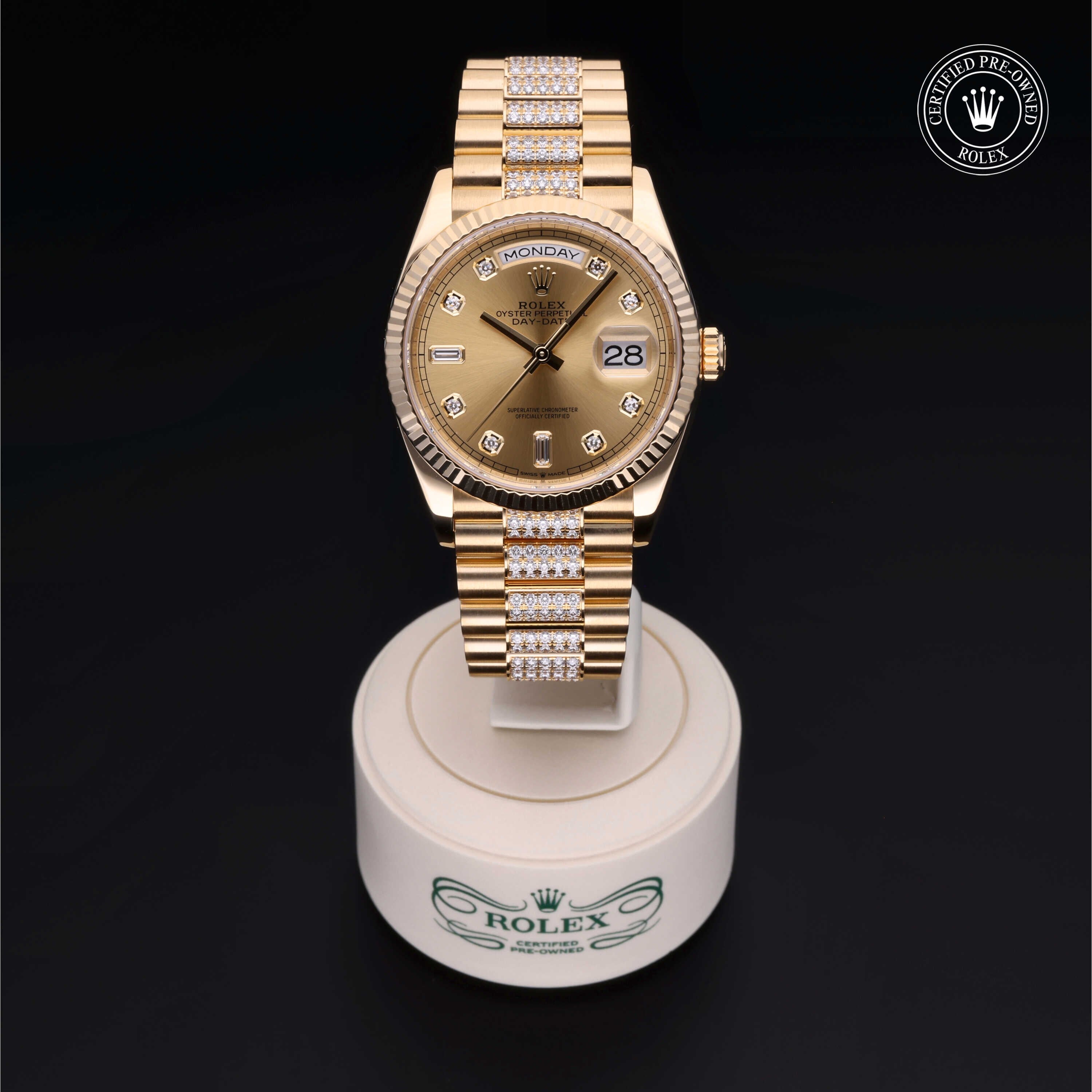 Rolex Certified Pre-owned Day-date M128238-0026 front on black background
