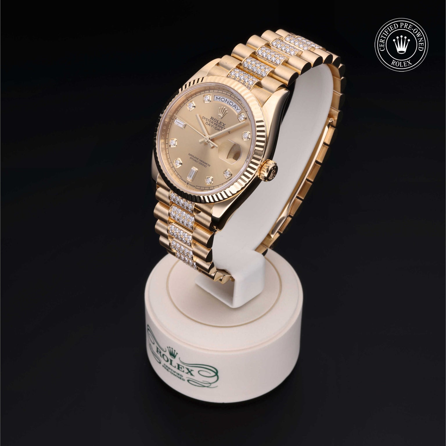 Rolex Certified Pre-owned Day-date M128238-0026 front on black background