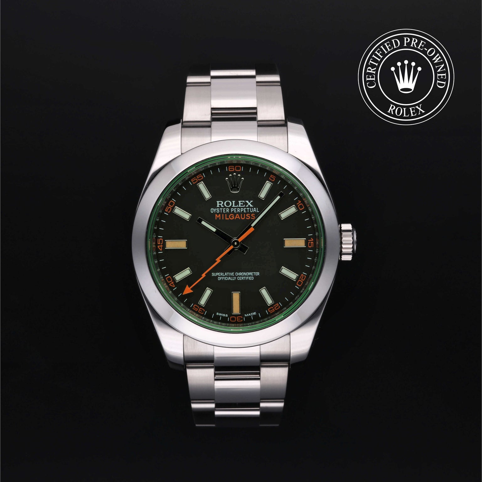Rolex Certified Pre-owned Milgauss M116400GV-0001 front on black background