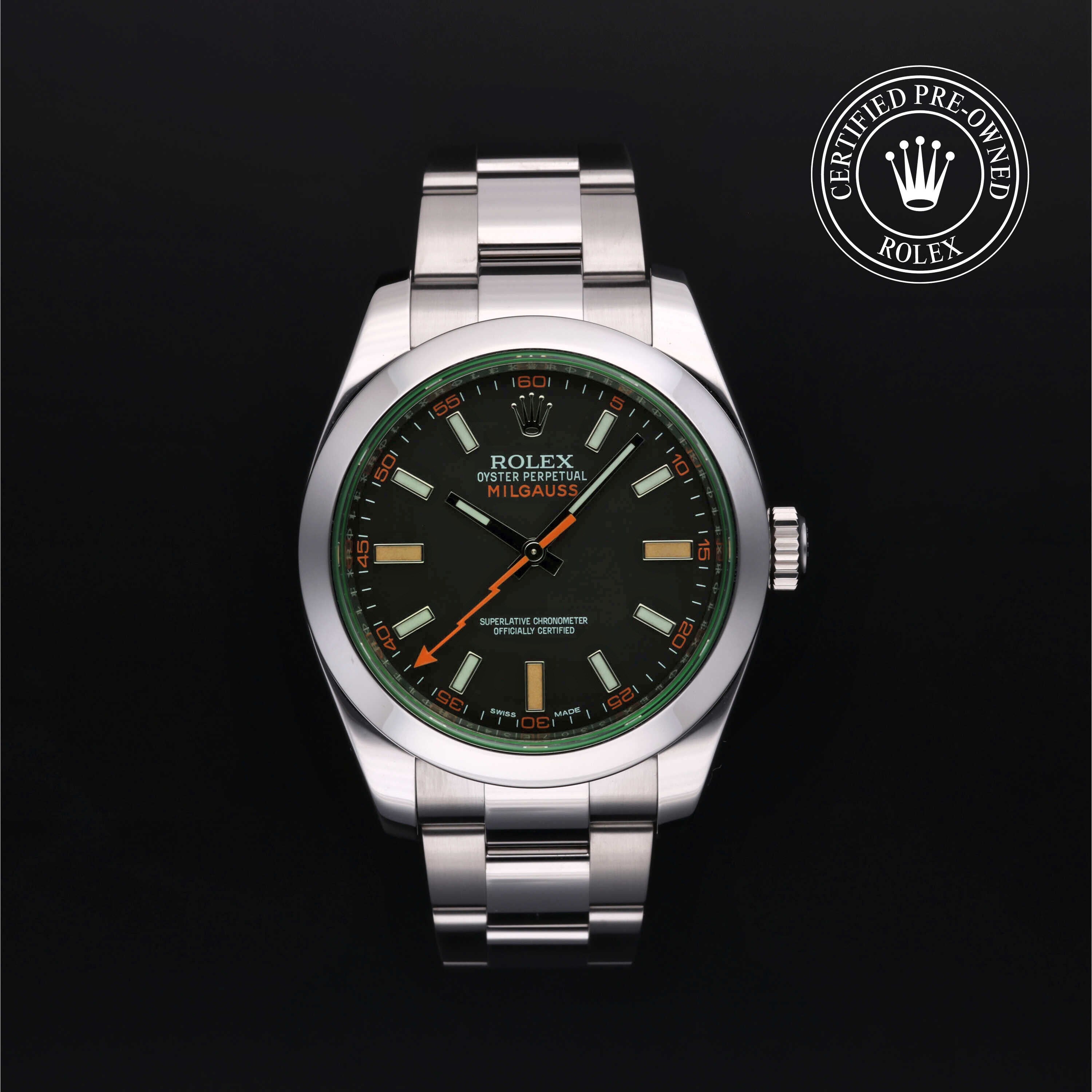 Rolex Certified Pre-owned Milgauss M116400GV-0001 front on black background