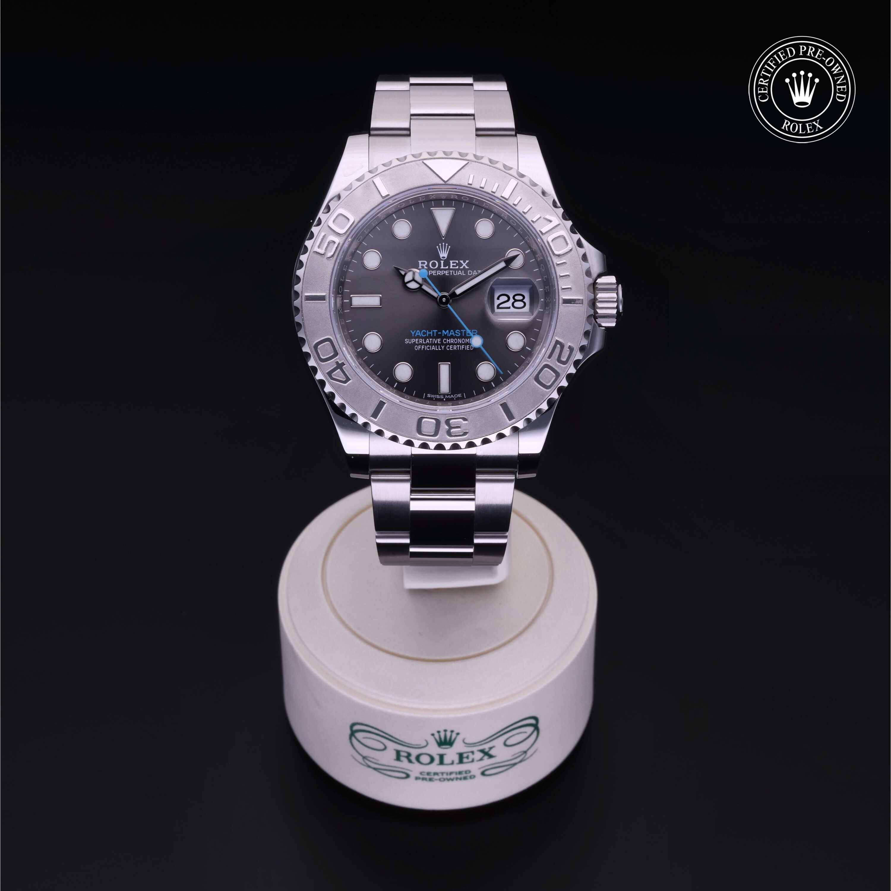 Rolex Certified Pre-owned Yacht-Master M116622-0003 front on black background