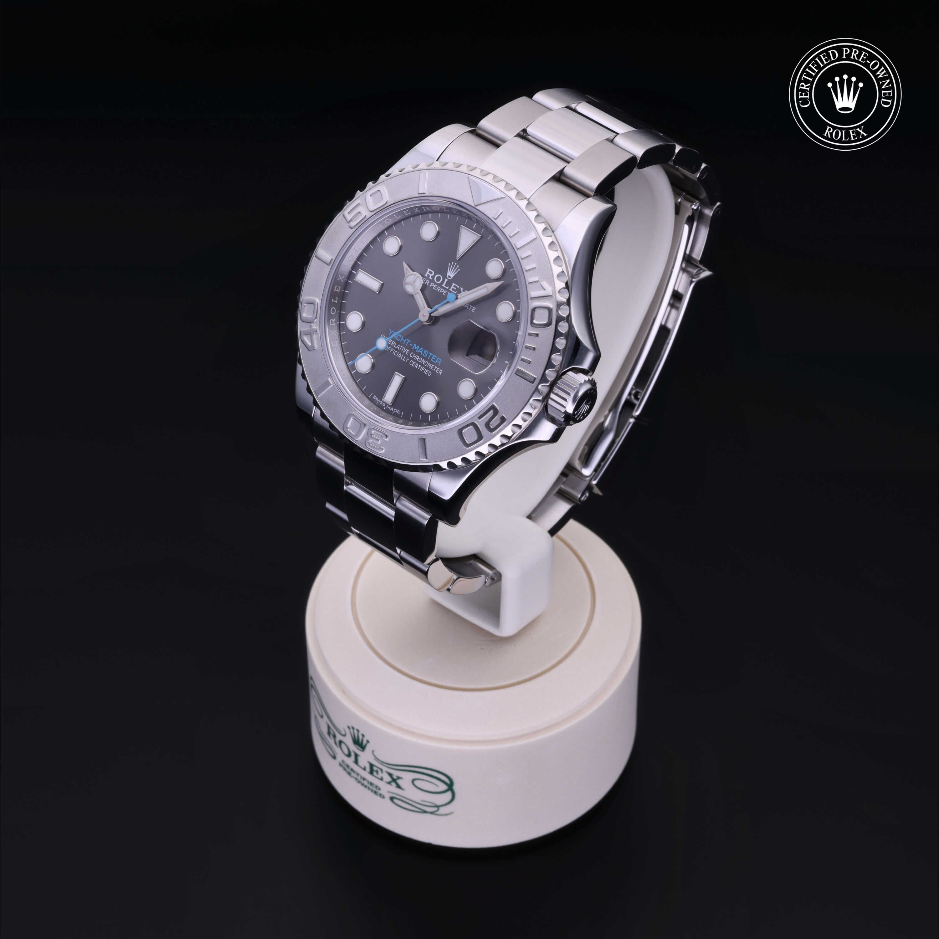 Rolex Certified Pre-owned Yacht-Master M116622-0003 front on black background