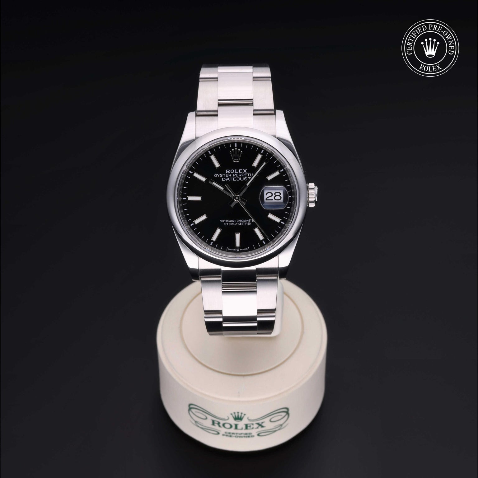 Rolex Certified Pre-owned Datejust M126200-0004 front on black background