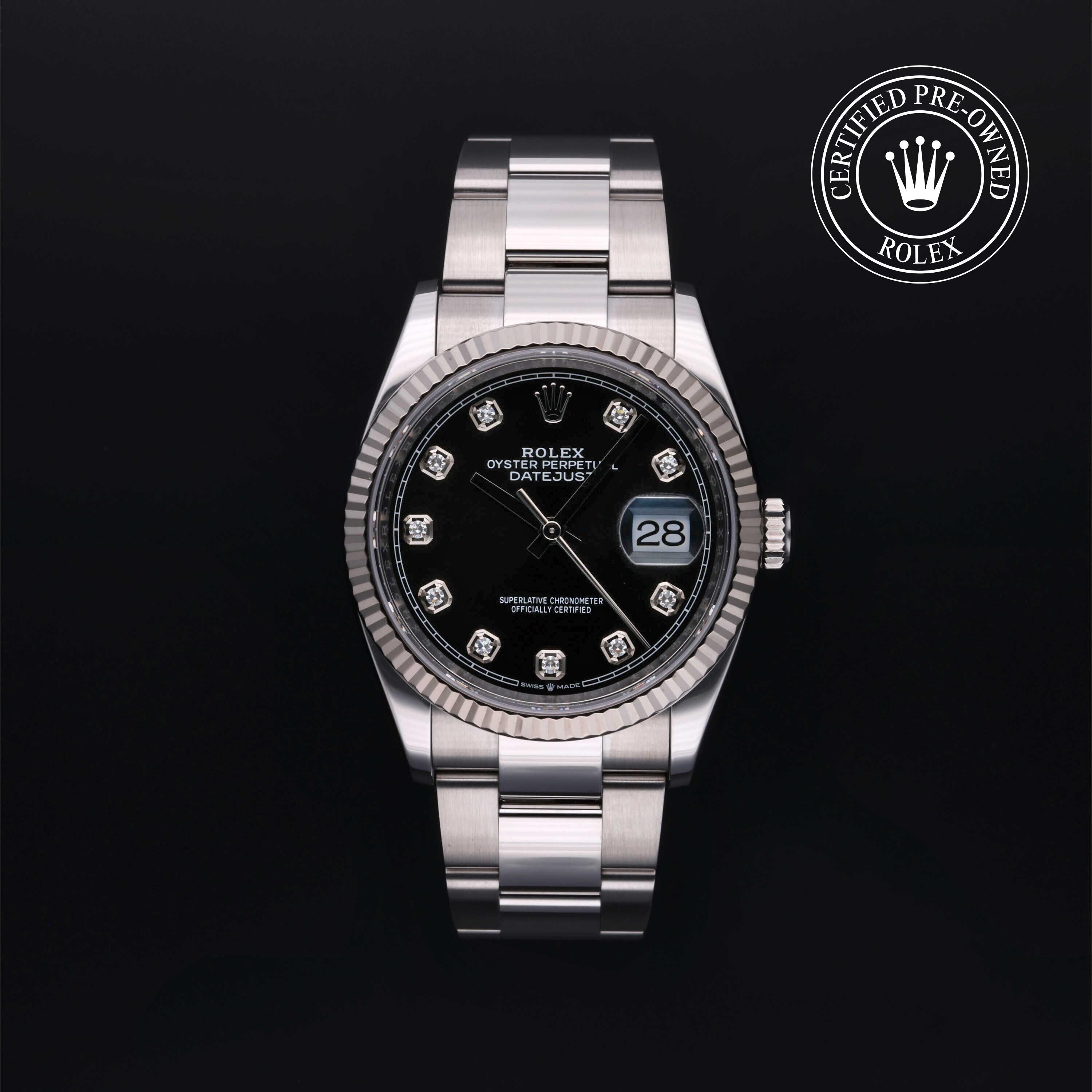 Rolex Certified Pre-owned Datejust M126234-0028 front on black background