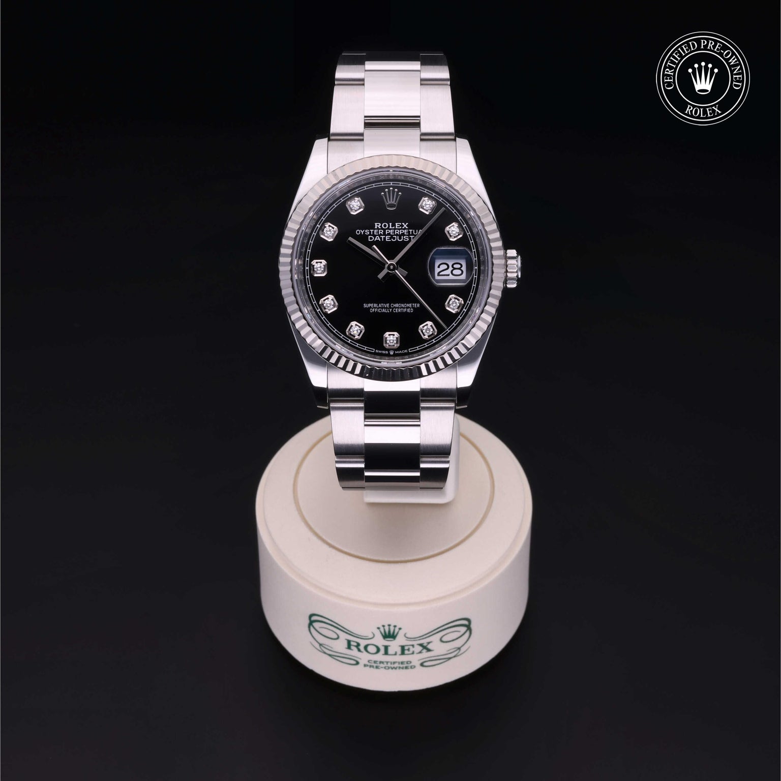 Rolex Certified Pre-owned Datejust M126234-0028 front on black background