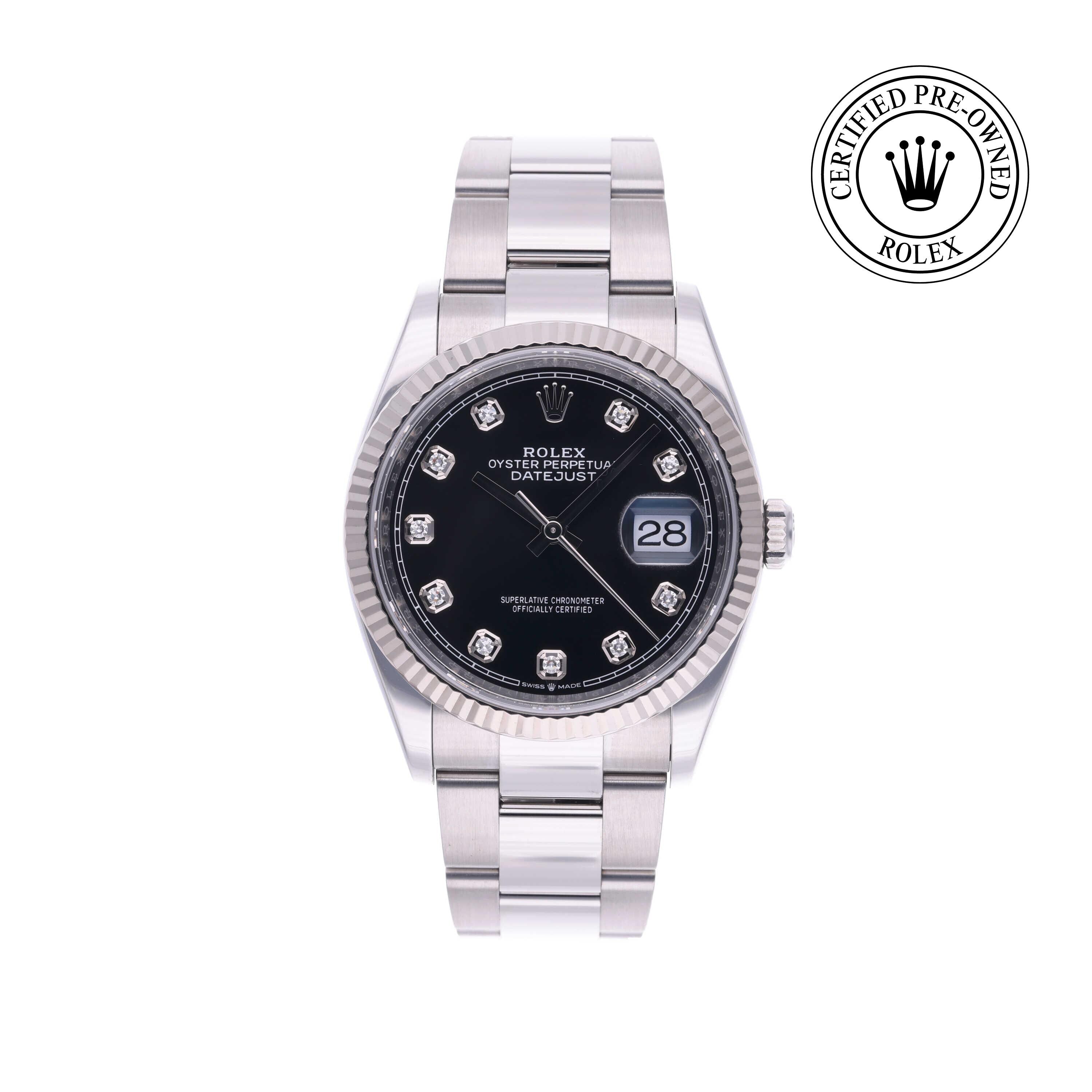 Rolex Certified Pre-owned Datejust M126234-0028 front on white background