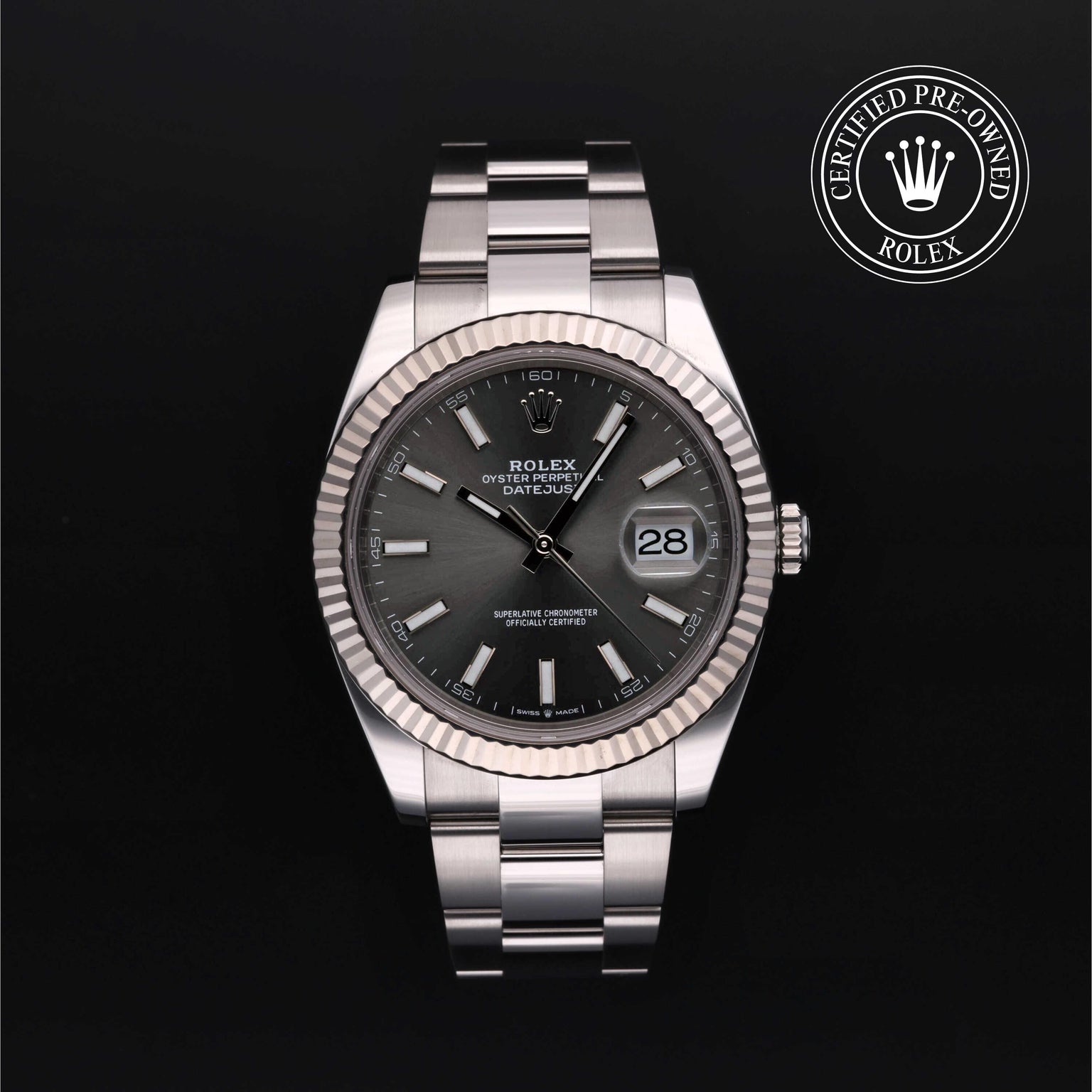 Rolex Certified Pre-owned Datejust M126334-0013 front on black background