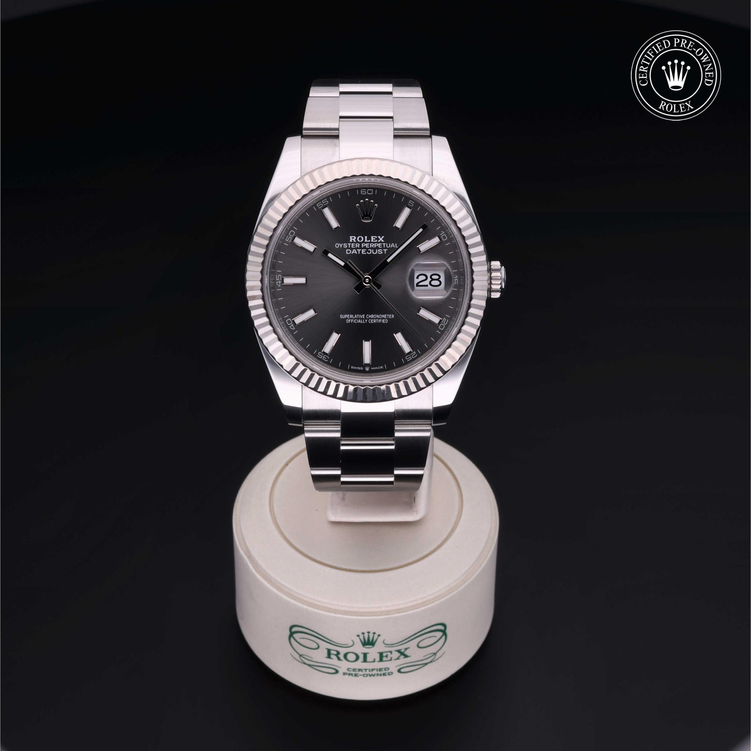 Rolex Certified Pre-owned Datejust M126334-0013 front on black background