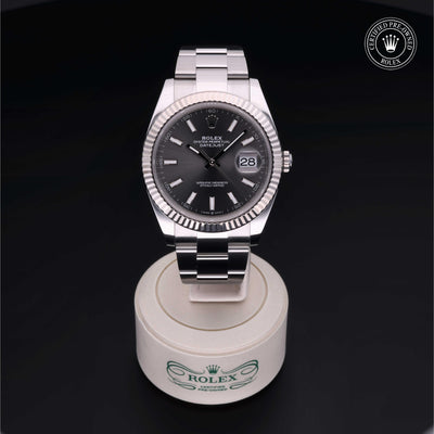 Rolex Certified Pre-owned Datejust M126334-0013 front on black background