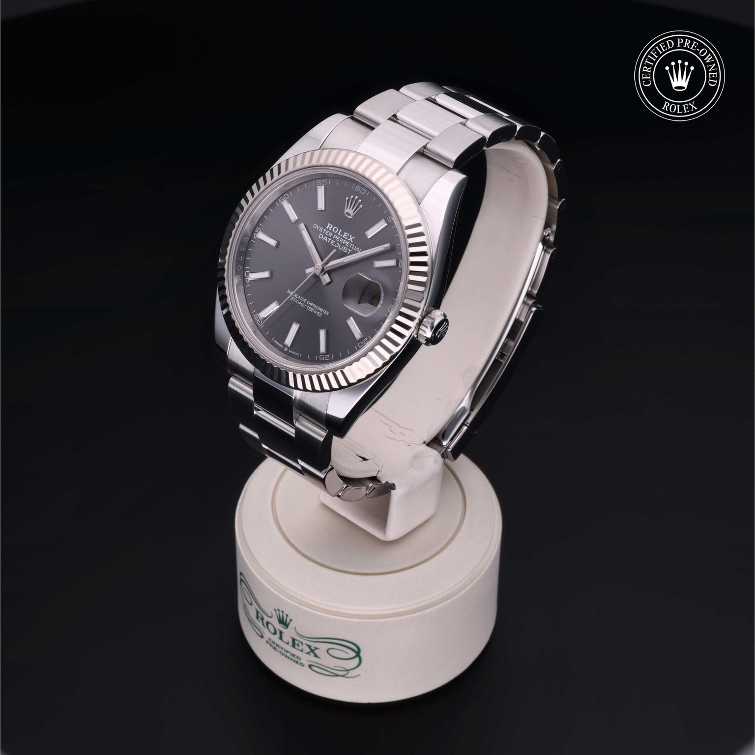 Rolex Certified Pre-owned Datejust M126334-0013 front on black background