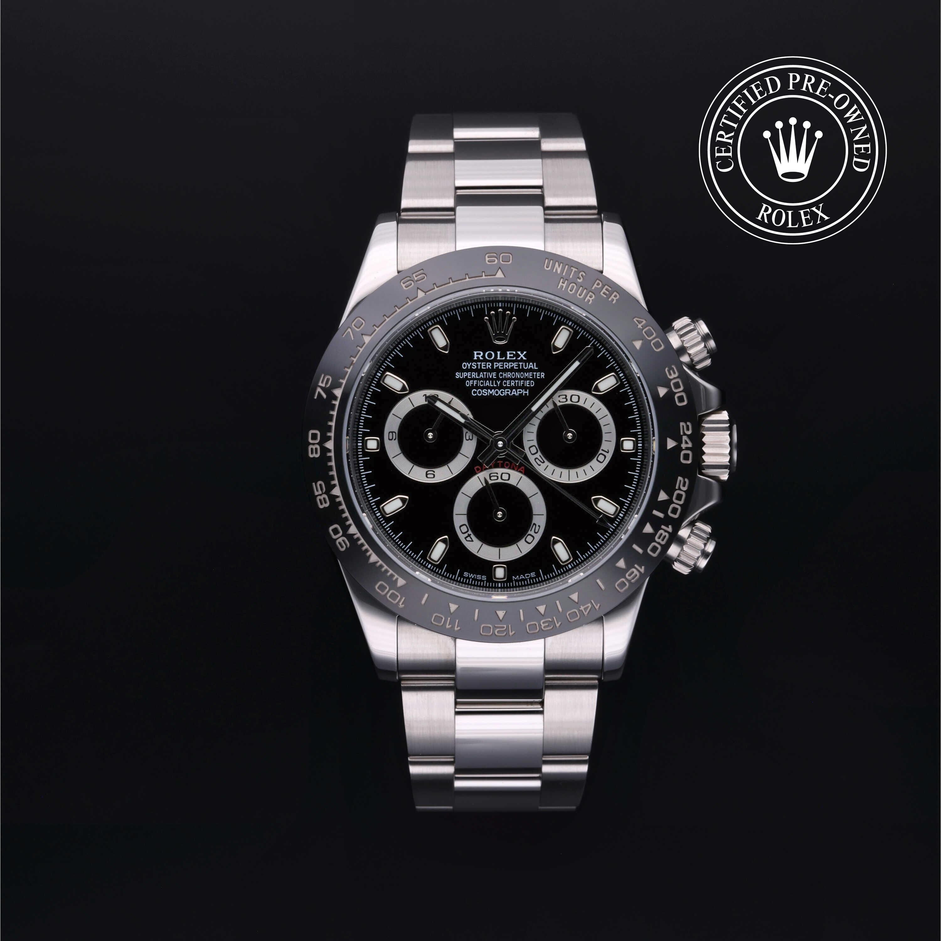 Rolex CPO Daytona M116500LN front on white background