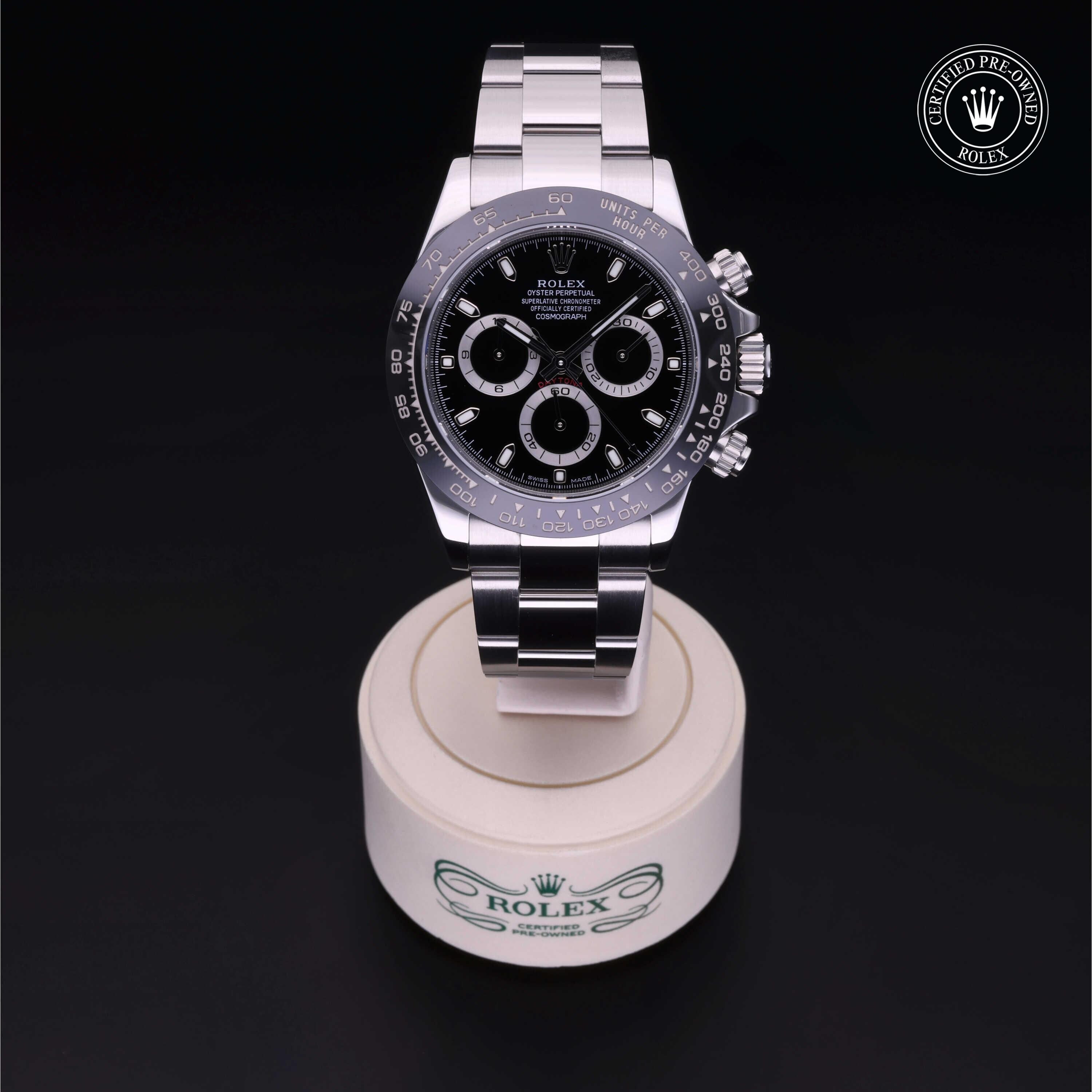 Rolex CPO Daytona M116500LN front on white background