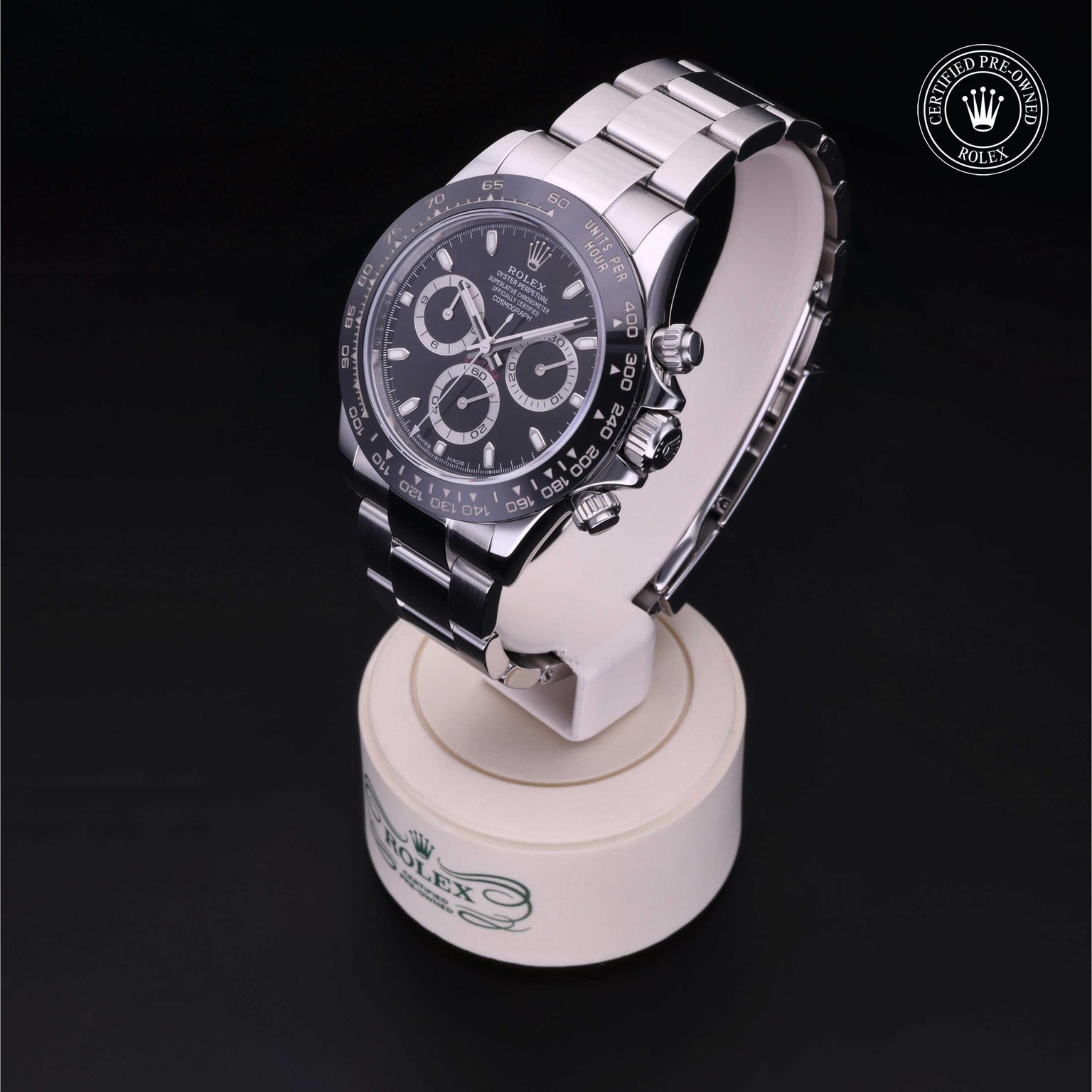 Rolex CPO Daytona M116500LN front on white background