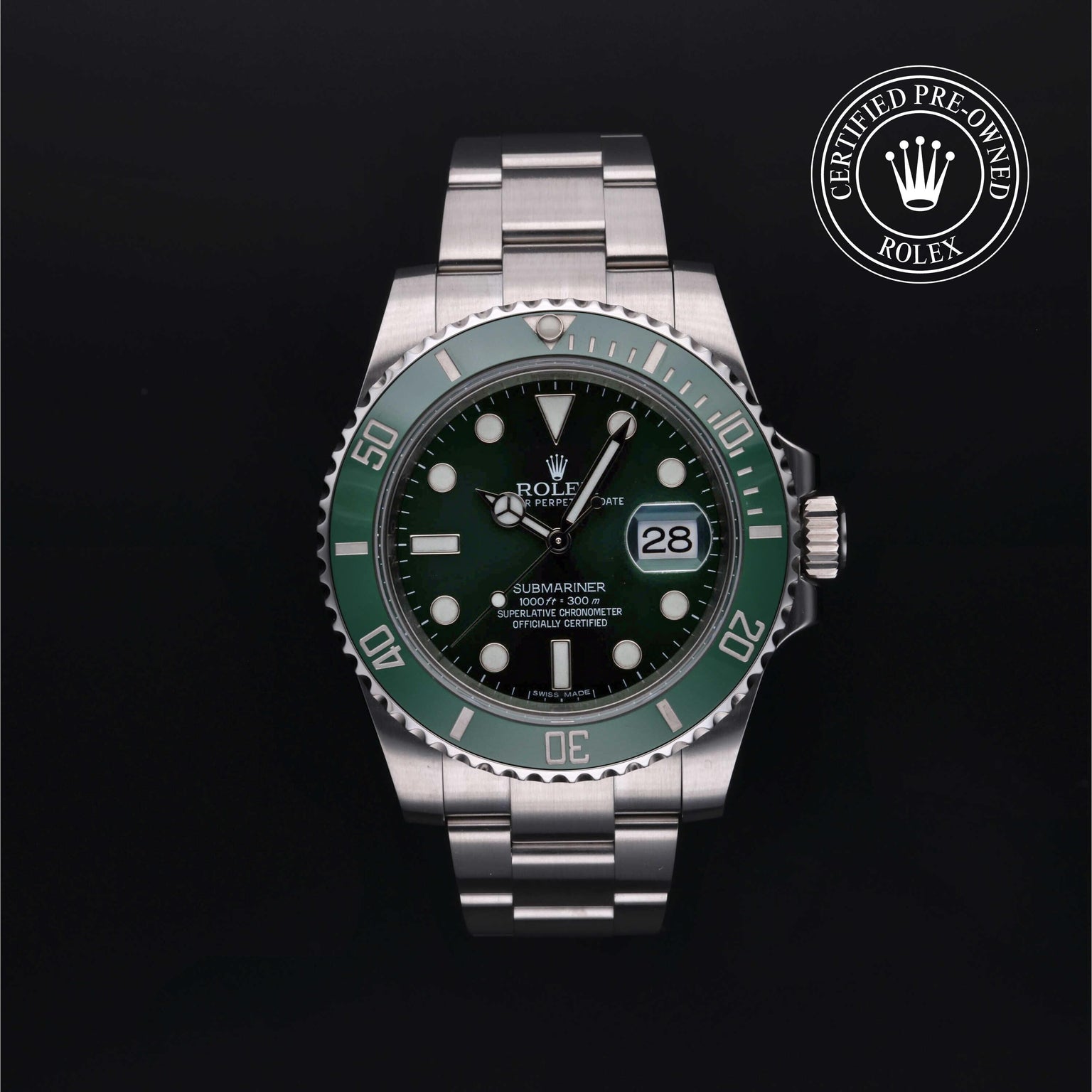 Rolex Certified Pre-owned Submariner M116610LV-0002 front on black background