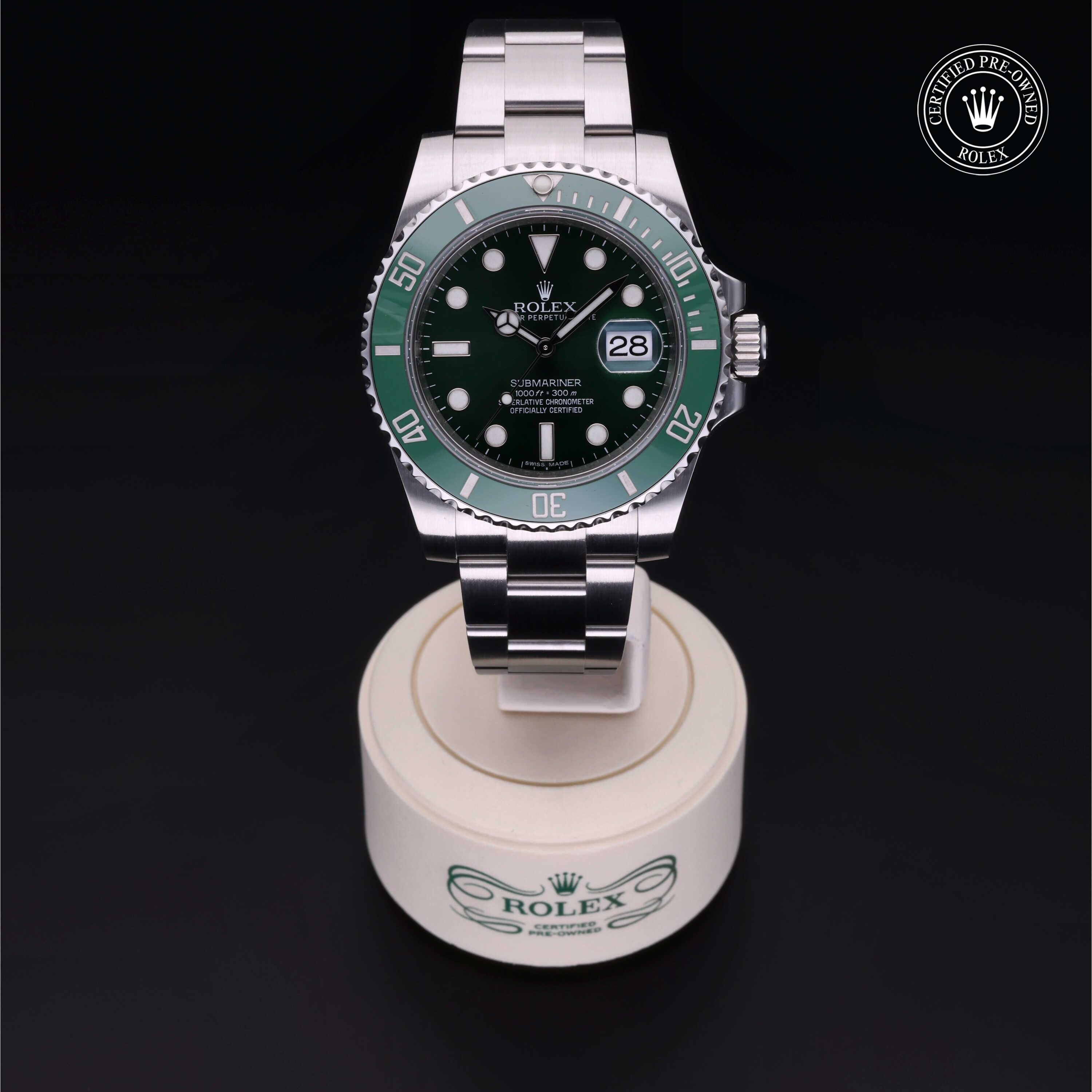 Rolex Certified Pre-owned Submariner M116610LV-0002 front on black background