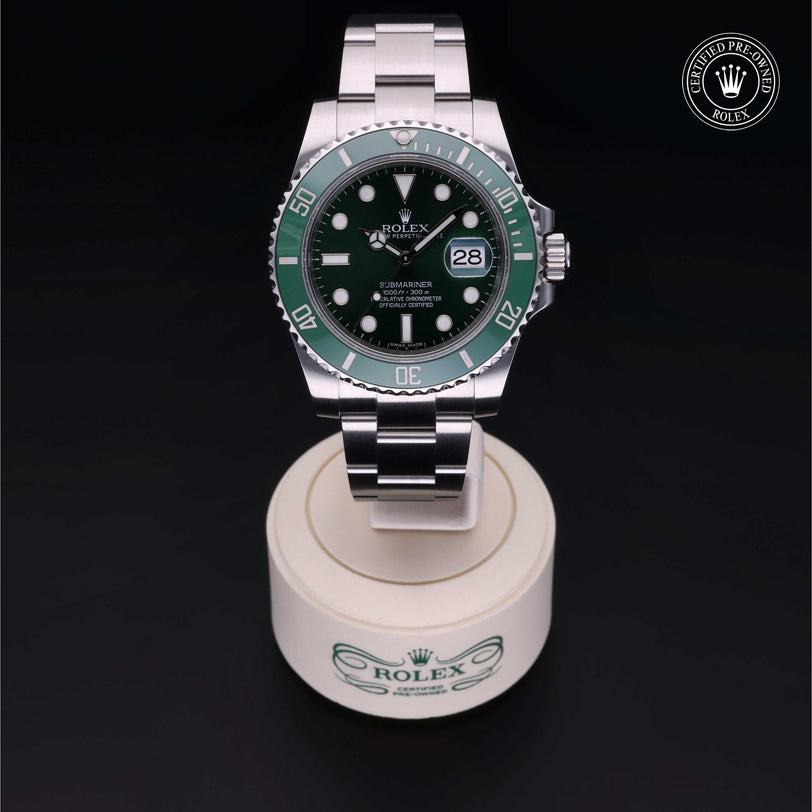 Rolex Certified Pre-owned Submariner M116610LV-0002 front on black background