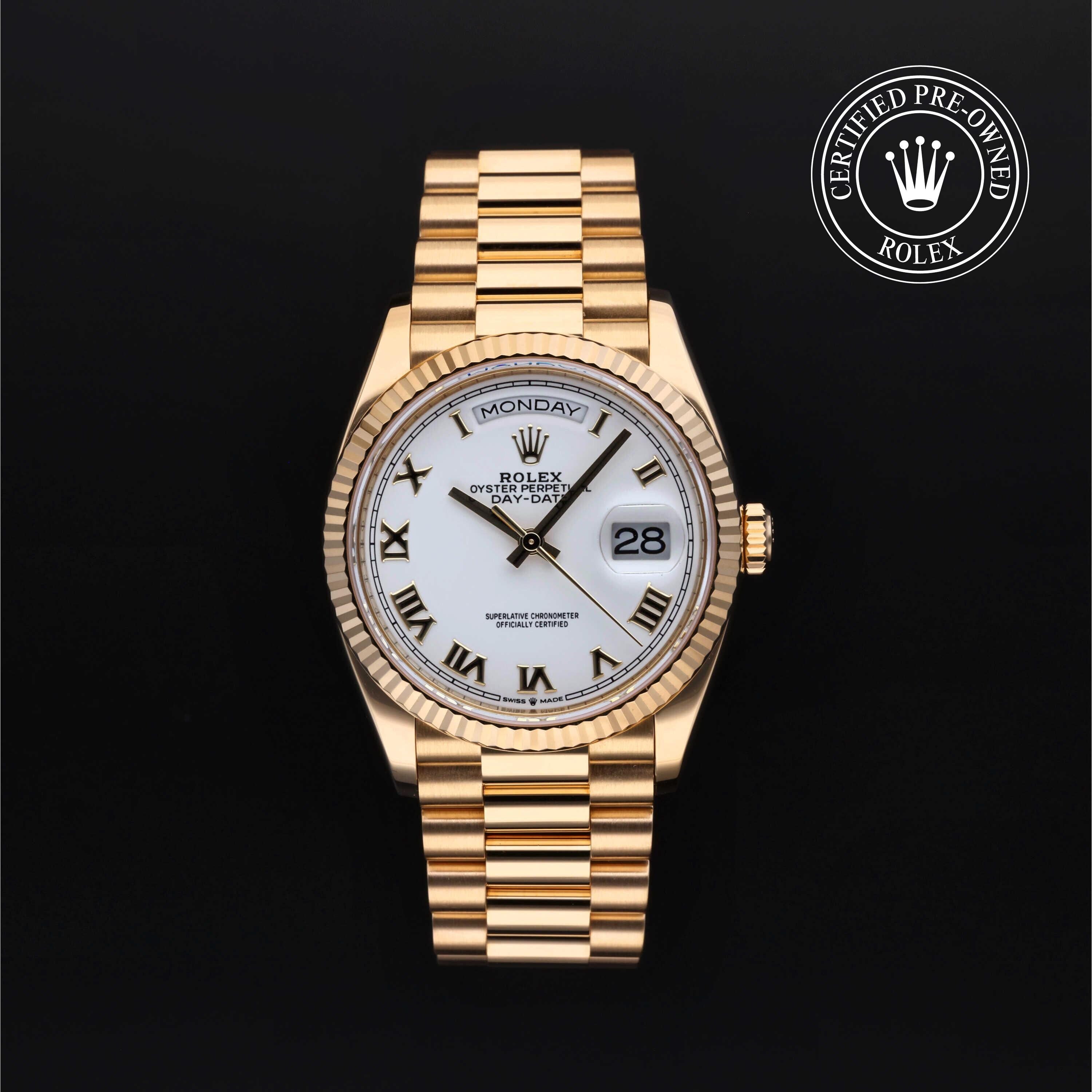 Rolex Certified Pre-owned Day-date M128238-0076 front on black background