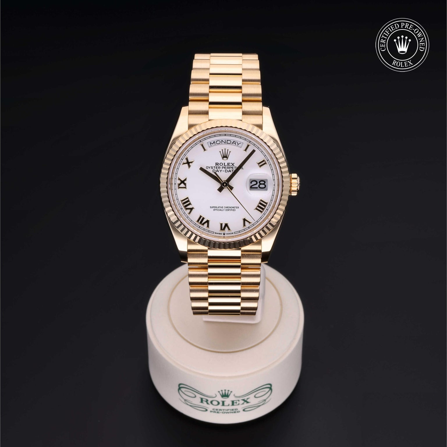 Rolex Certified Pre-owned Day-date M128238-0076 front on black background