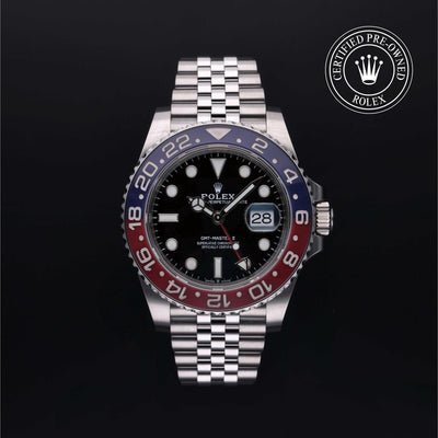 Rolex Certified Pre-owned GMT M126710BLRO-0001 front on black background