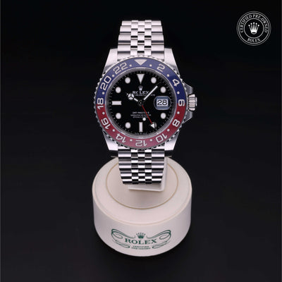 Rolex Certified Pre-owned GMT M126710BLRO-0001 front on black background