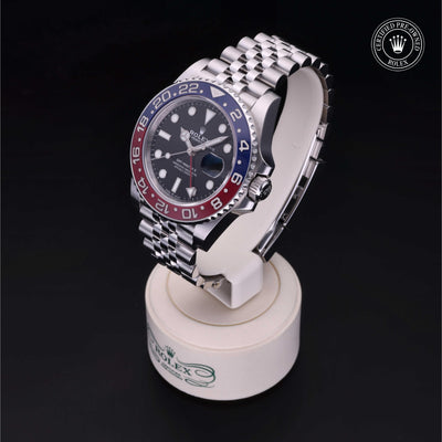 Rolex Certified Pre-owned GMT M126710BLRO-0001 front on black background