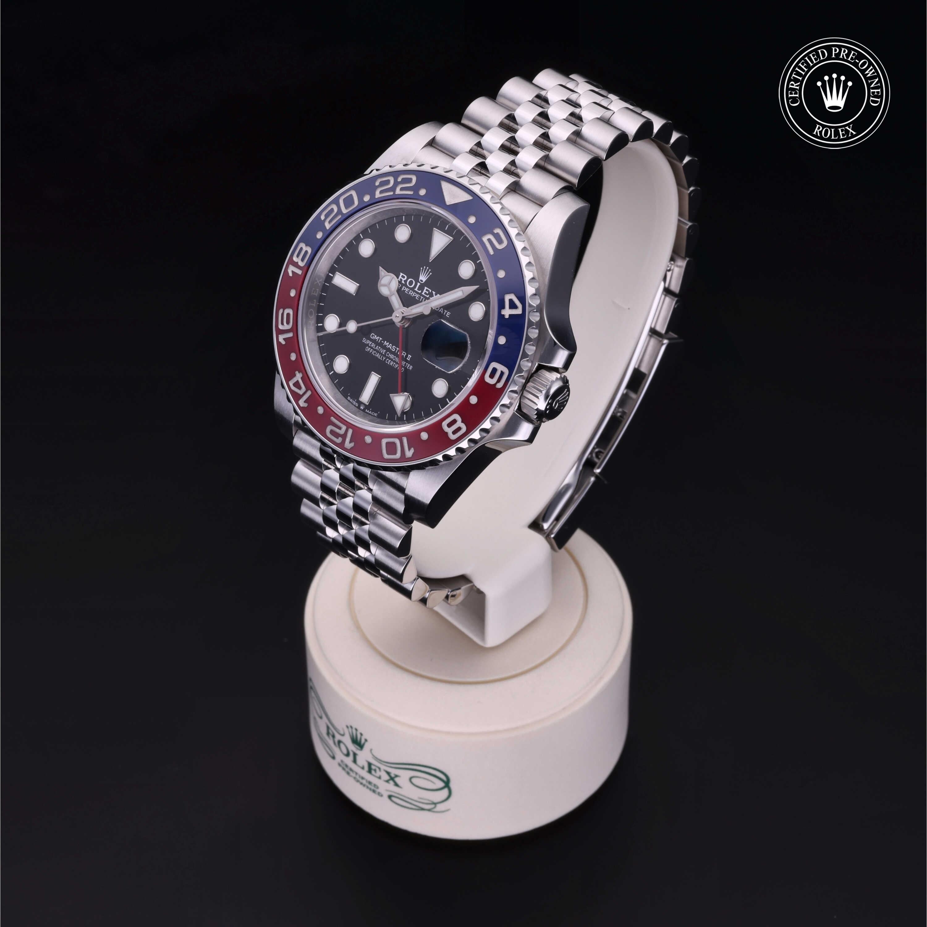 Rolex Certified Pre-owned GMT M126710BLRO-0001 front on black background